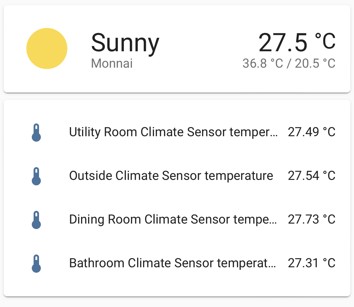 home assistant dashboard showing a weather forecast of 36°C, and temperatures of around 28°C
