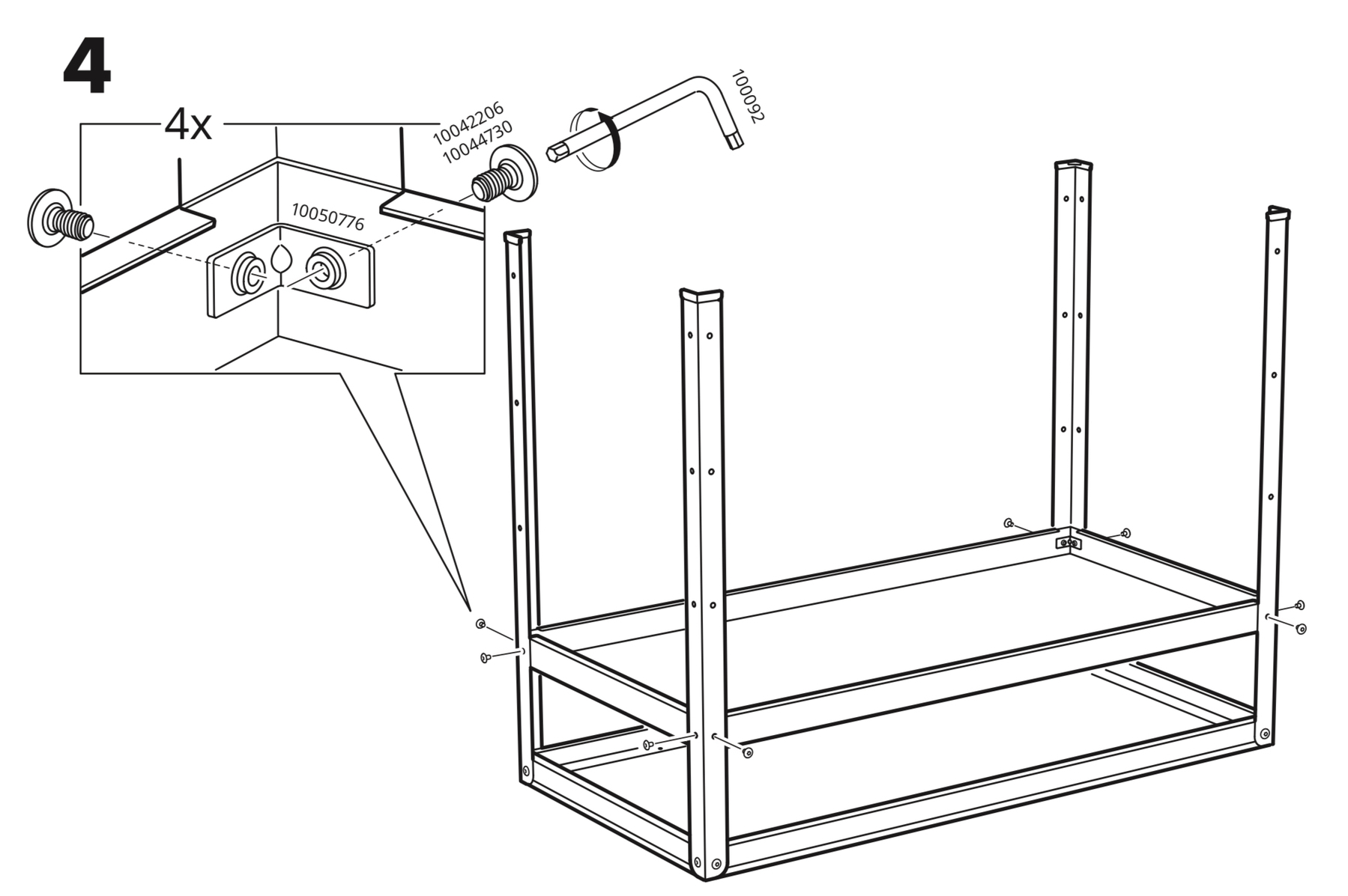 Step 4 of the IKEA assembly instructions showing an upside down unit with the top on the floor, and 4 legs sticking up. There is a shelf being installed between the legs offset by ~25 cm from the top of the work bench. There is nothing holding the shelf up in the picture.