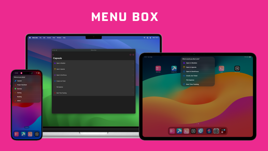 A composite of screenshots from an iPhone, MacBook Pro and iPad Pro on them showing the Menu Box app open.