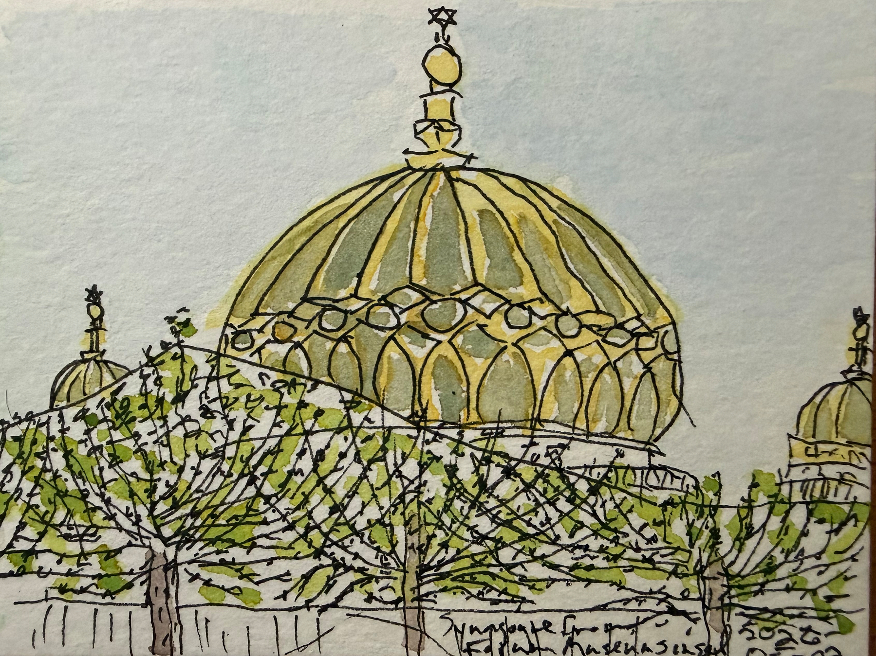 A detailed watercolor urban sketch features a golden-domed synagogue building surrounded by lush green trees against a light blue sky.