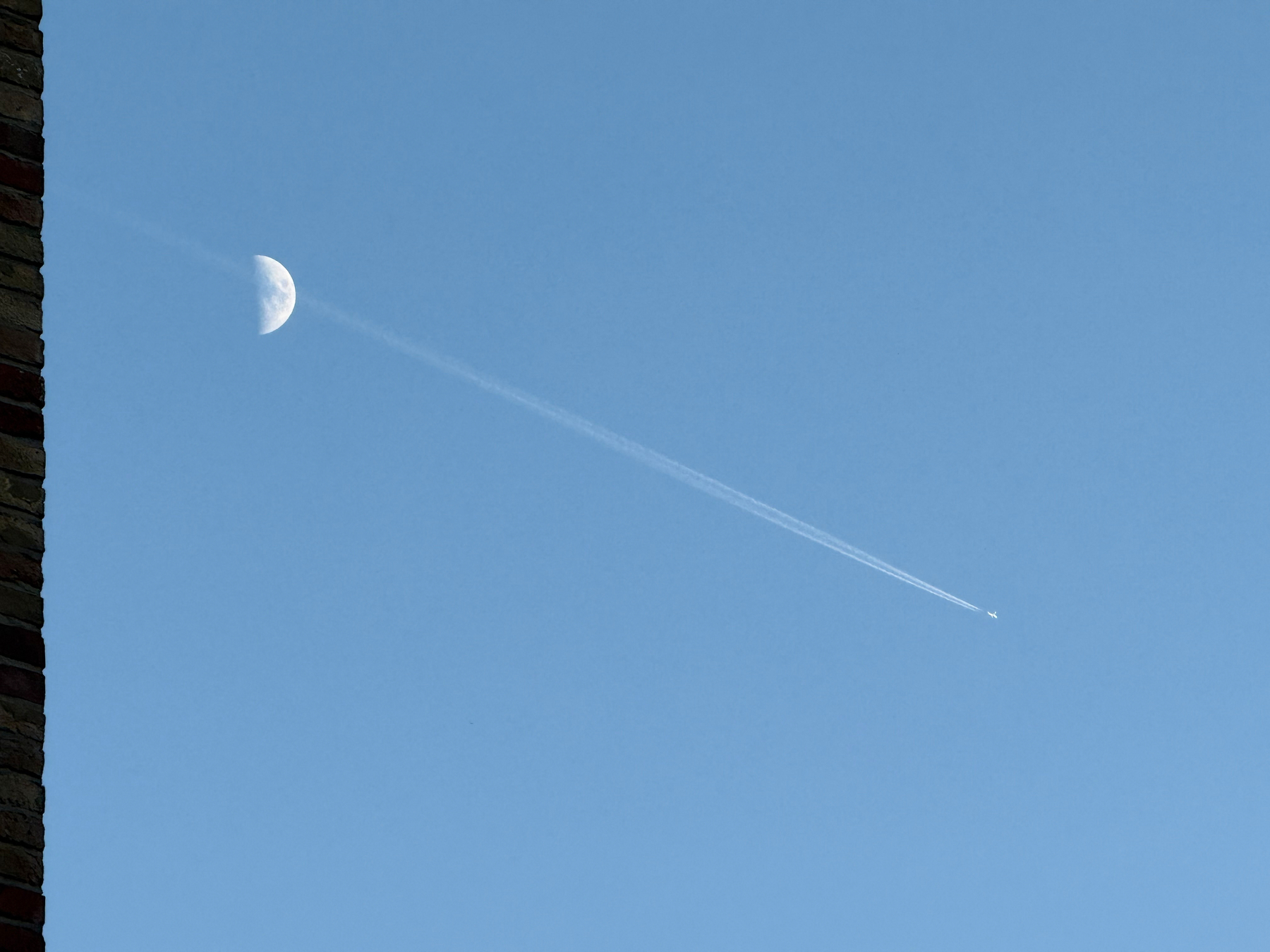 A plane is flying across a clear blue sky, leaving a long contrail crossing a quarter Moon.