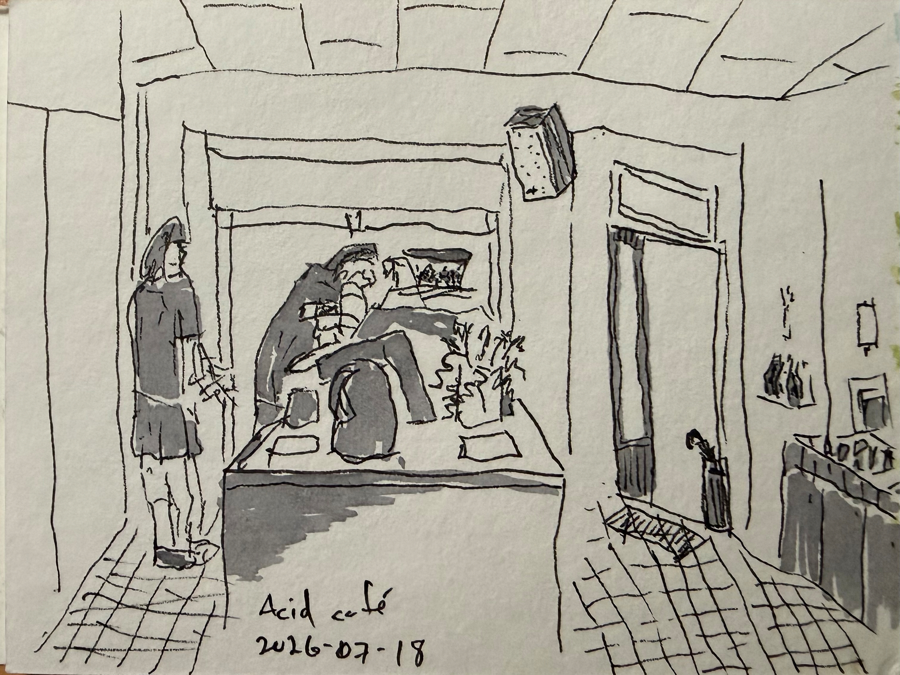 A black and grey line drawing of a person behind a counter preparing something while another person stands nearby in a small café setting.