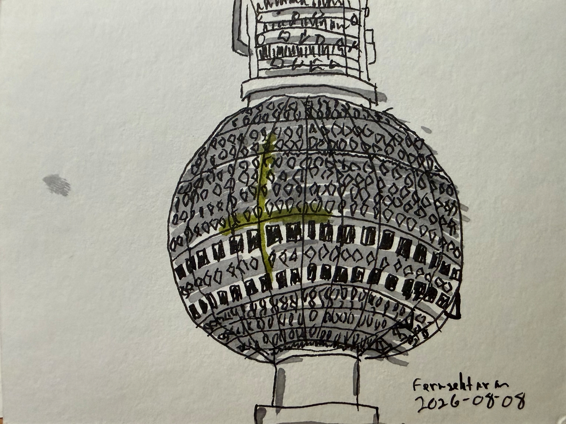 A hand-drawn sketch of a spherical structure with a lattice-like pattern in black lines and grey fill.