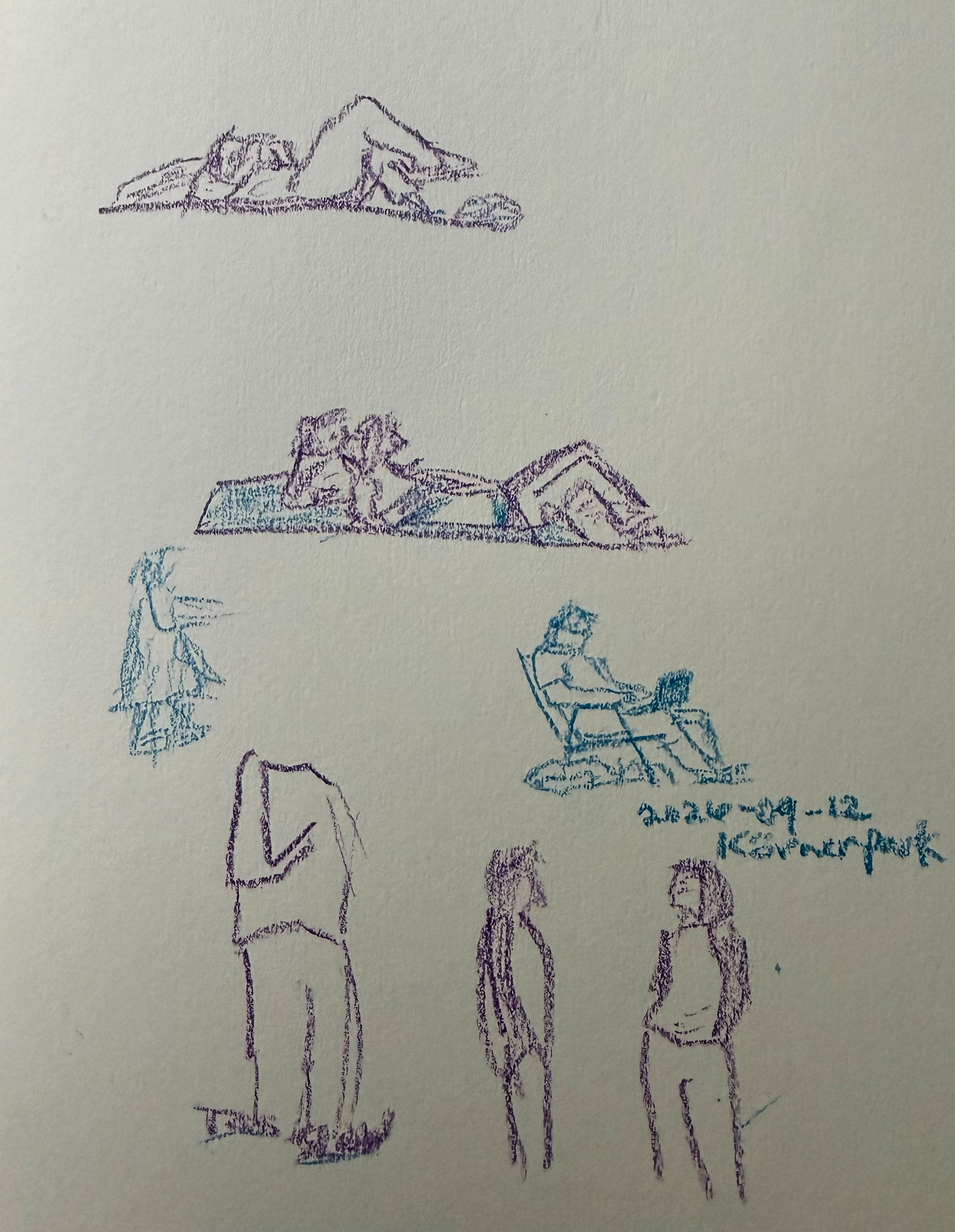 Several loosely sketched figures in different relaxed poses, including lying down, sitting on a lounge chair, and standing, are drawn in Neocolor II wax pastels on a light background.