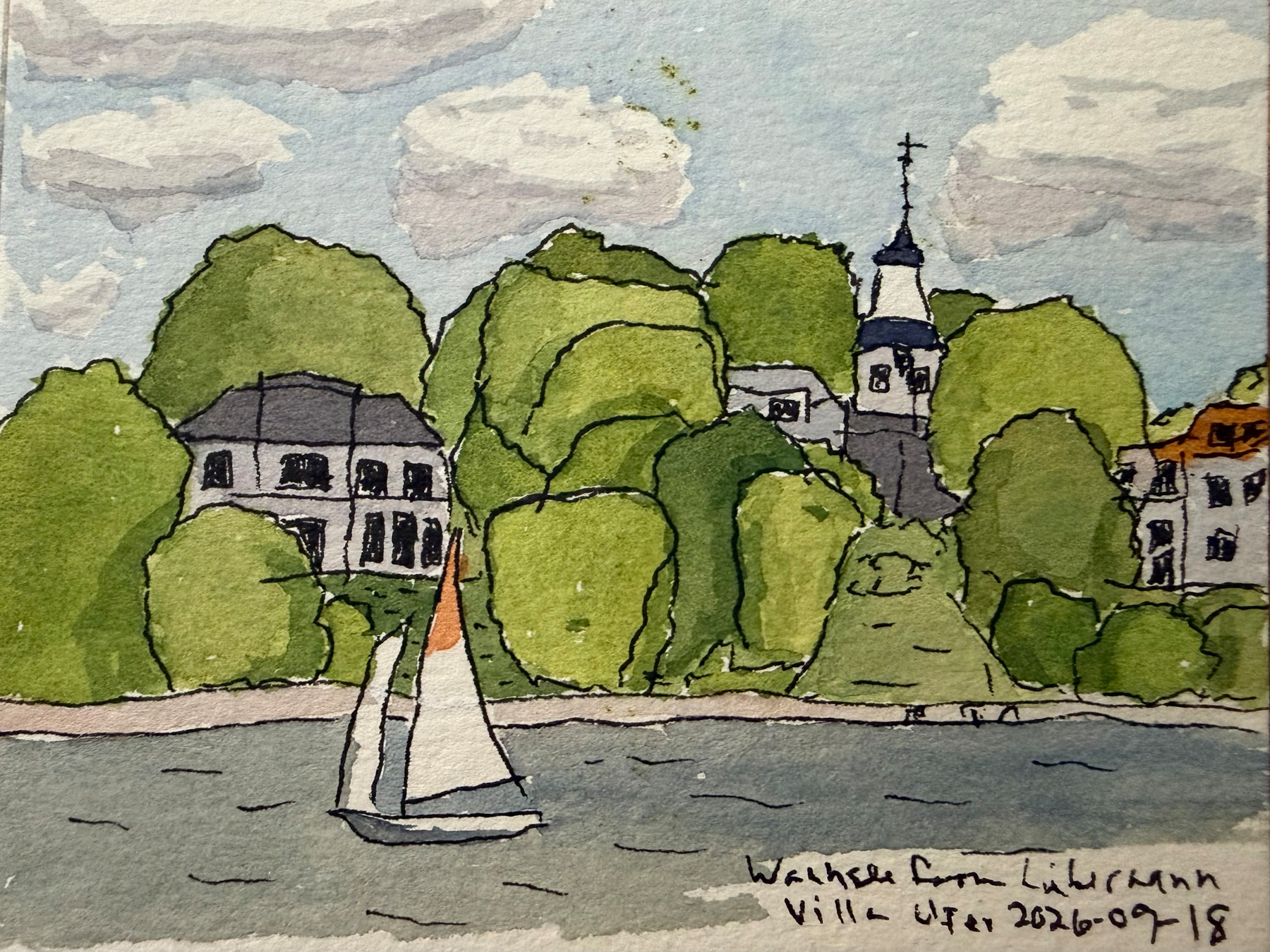 An ink and watercolor painting of a quaint lakeside scene featuring lush green trees, charming houses, a church steeple, and a sailboat gliding on the water.