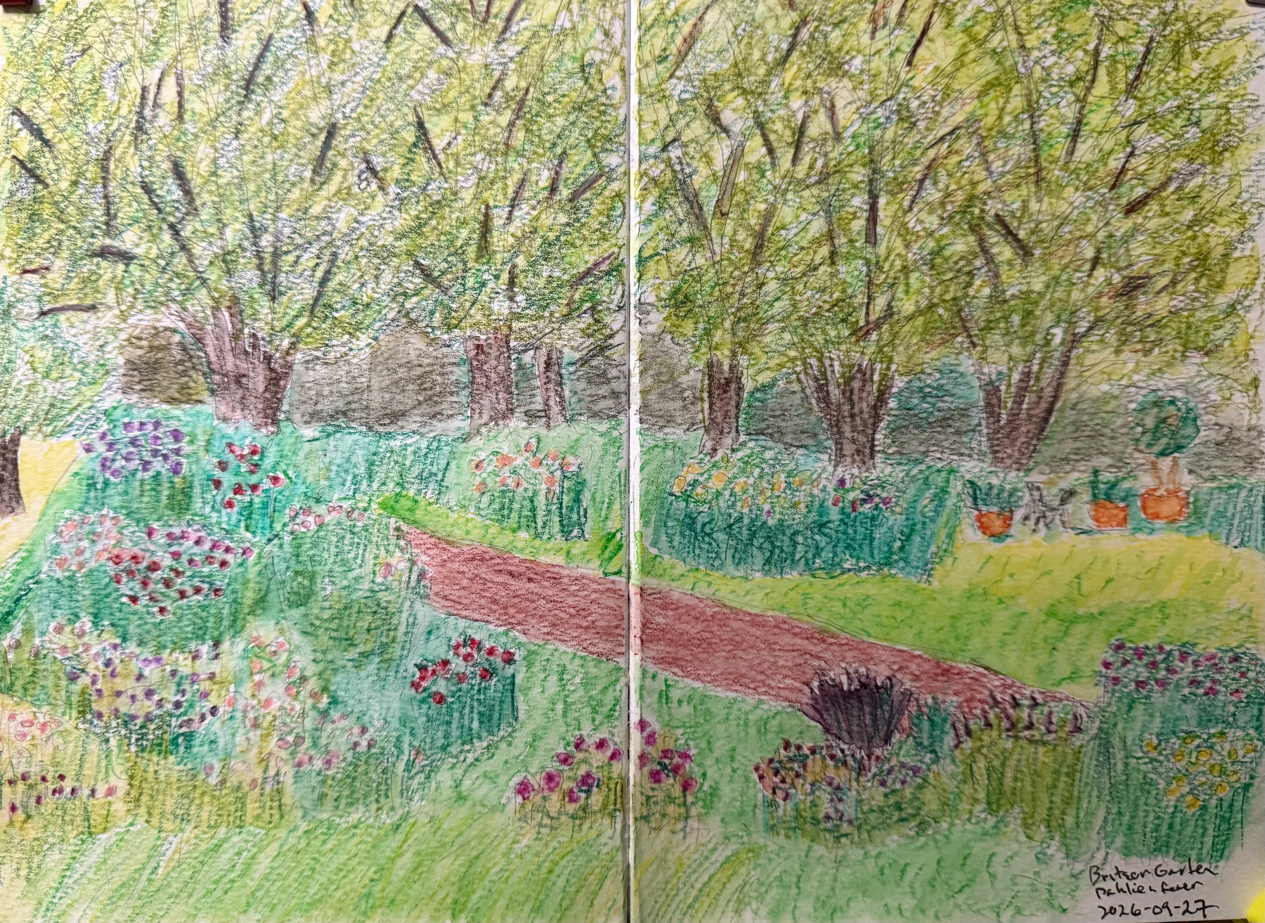 A drawing of a colorful garden scene with a variety of blooming flowers, green trees, and a winding brown path running through the middle.