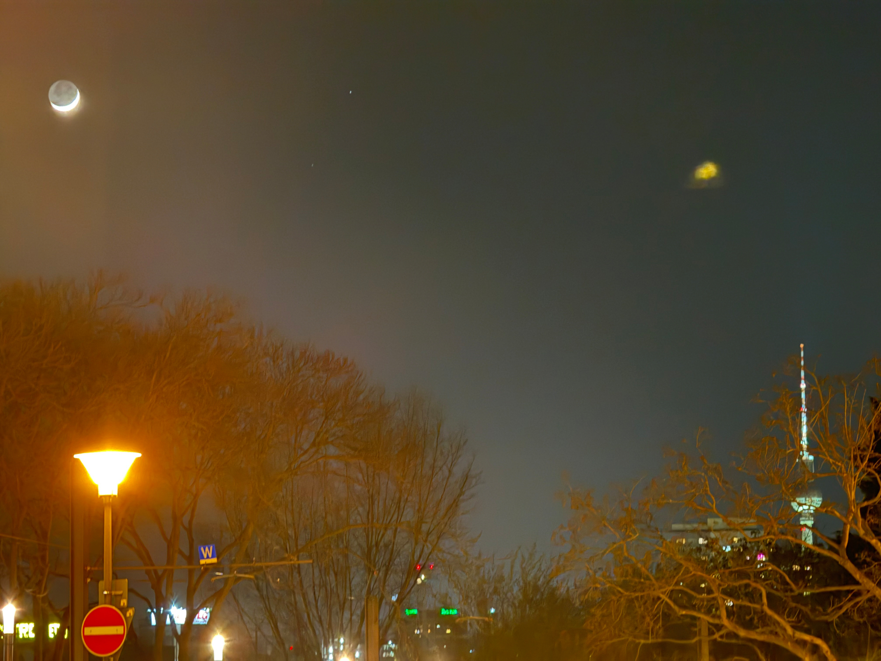 A crescent moon shines in a cloudy night sky above city lights and bare trees with the Berlin Fernsehturm in the distance bottom right