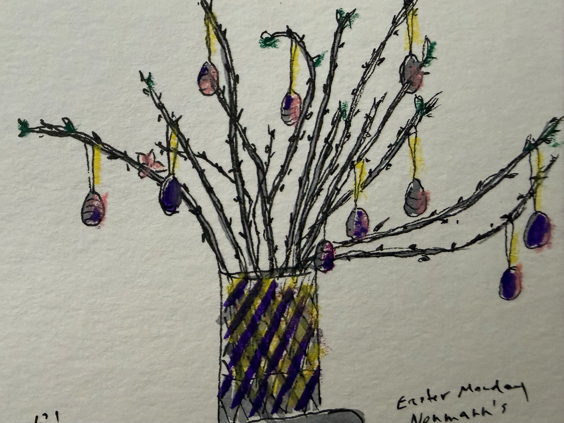 A drawing of a vase containing bare branches adorned with hanging, colorful egg ornaments.