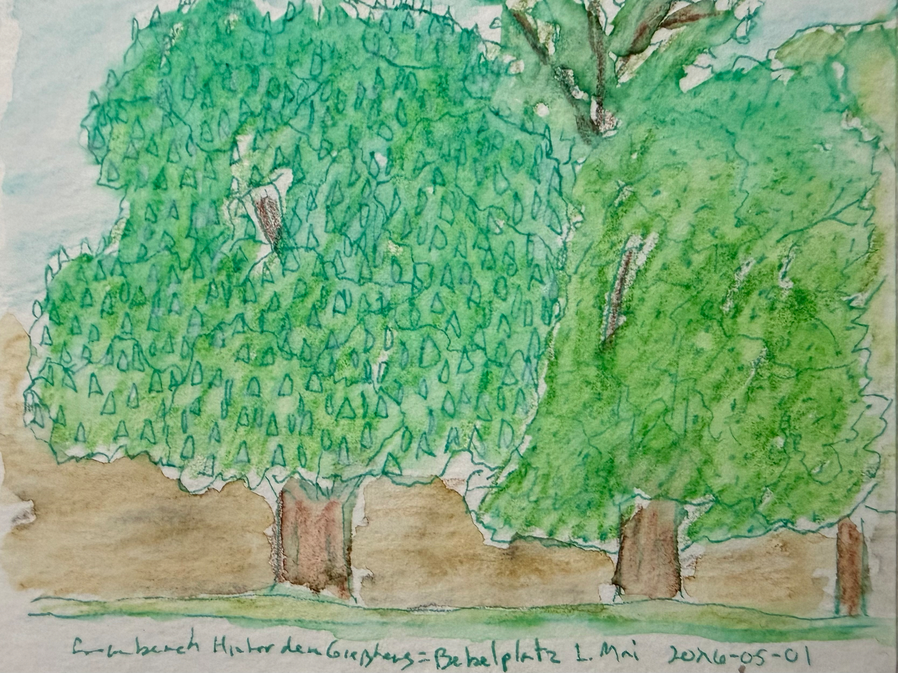 A watercolor pencil painting depicts a blossoming chestnut tree among lush green trees with detailed leaves and trunks against a soft background.