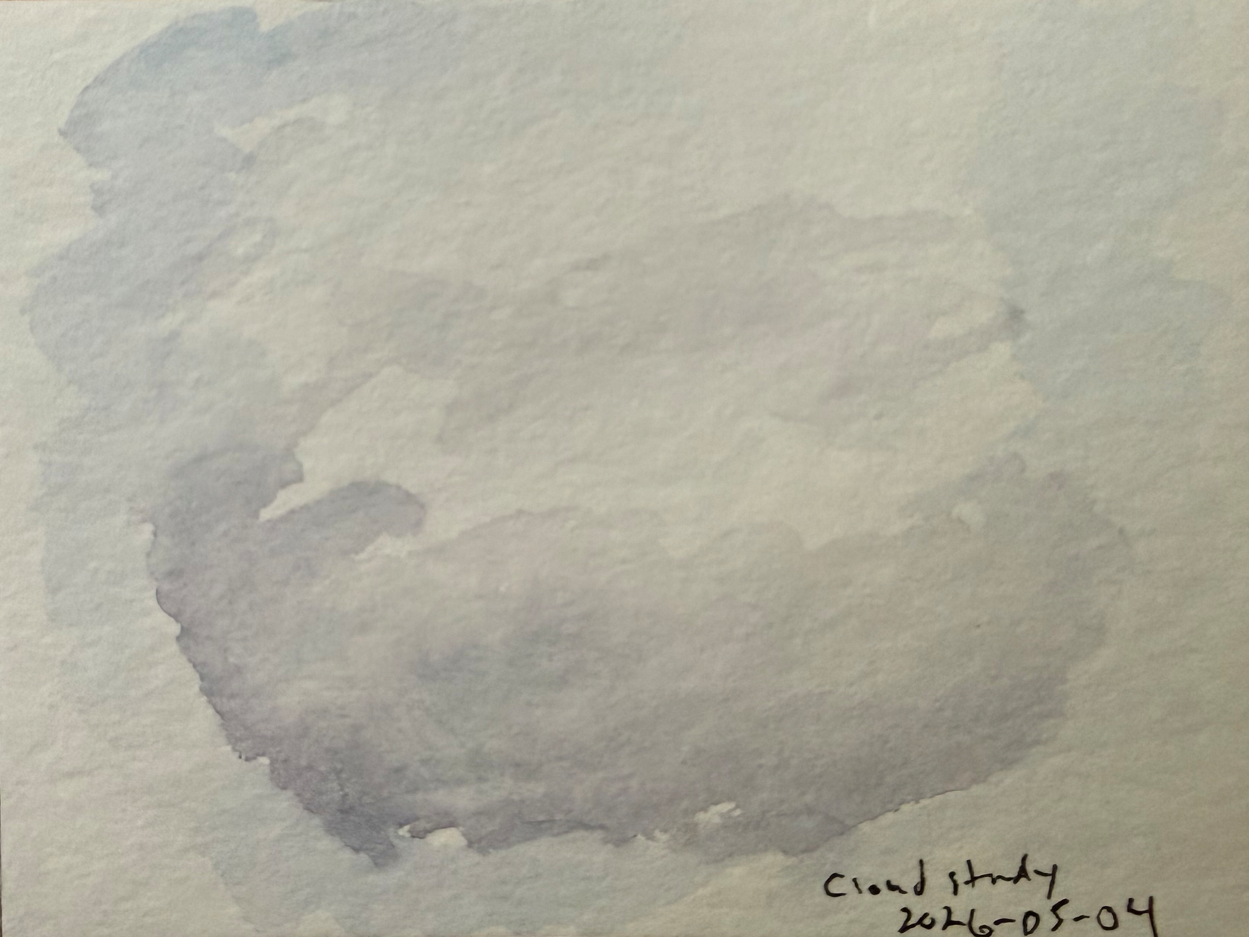 A watercolor painting depicts a soft, abstract cloud formation in muted gray and blue tones, with the text Cloud study 2026-05-04 at the bottom.