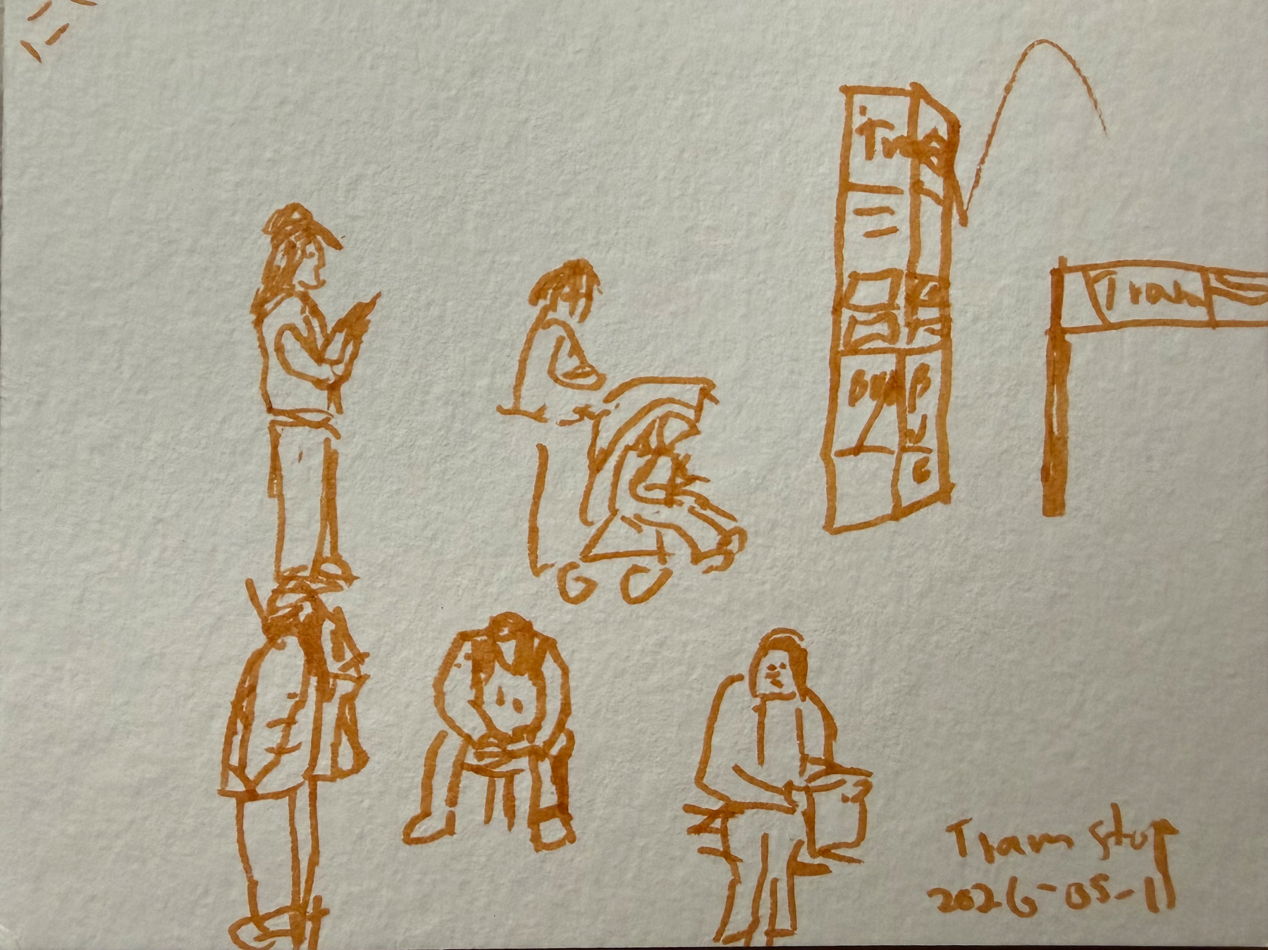 Line drawings of people in the color terracotta, including someone with a stroller and others on phones, are gathered near a structure labeled Tram with the date 2026-05-11 written nearby.