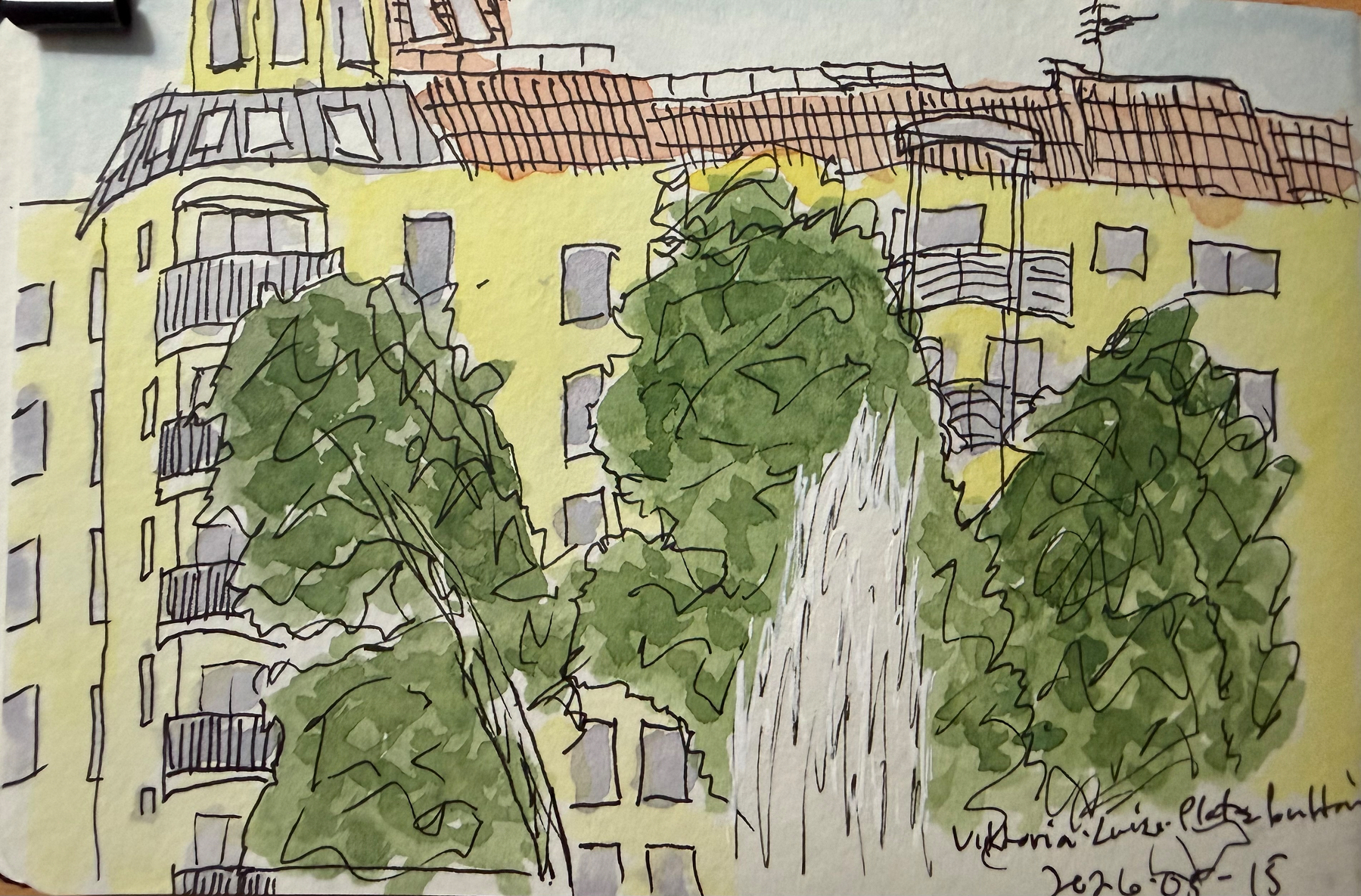 A watercolor sketch depicts an urban scene with yellow apartment building, 3 green trees, and a prominent fountain in the foreground.