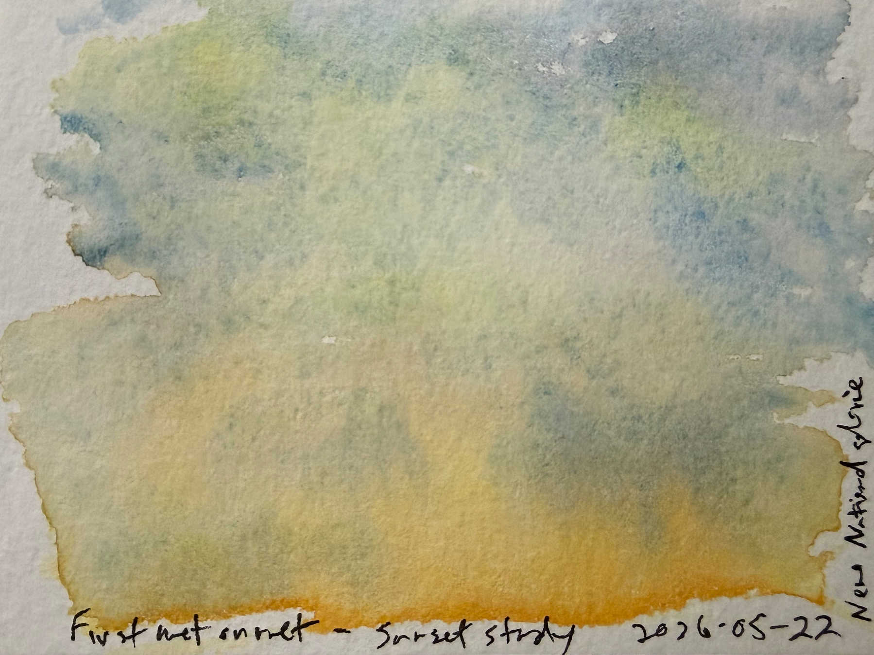 A soft watercolor painting with blue and yellow hues, labeled as sunset study with a date and location noted.