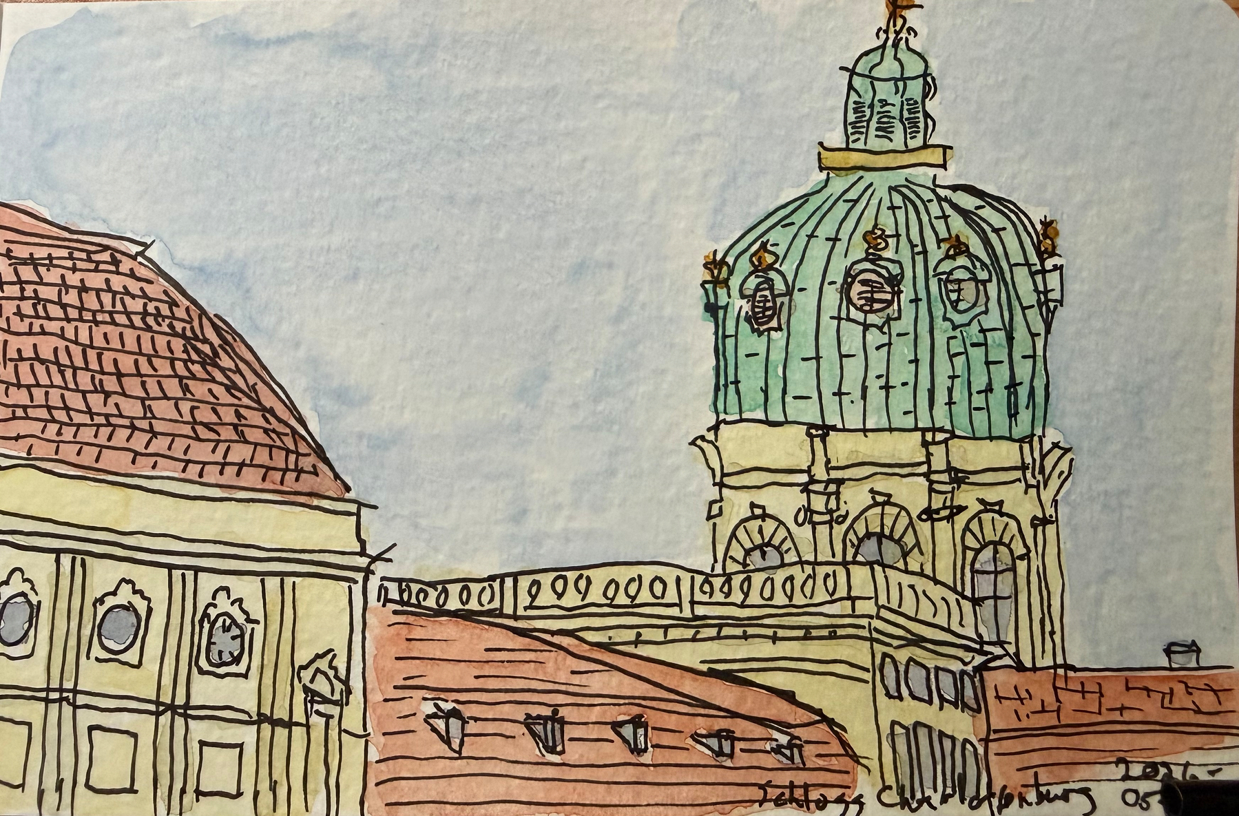 A watercolor sketch features a building with a prominent dome and detailed architectural elements against a light blue sky.