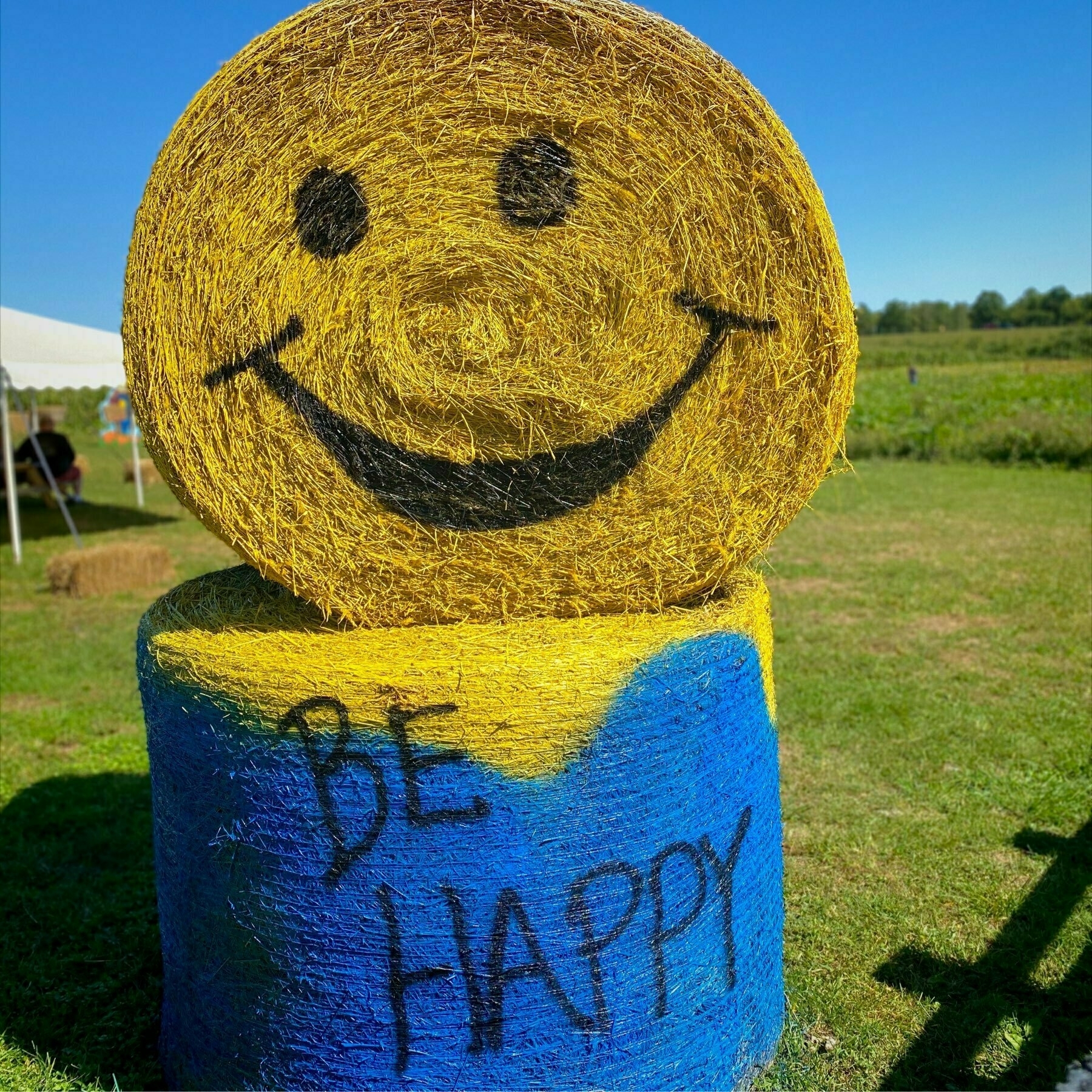 hay bale with the words "be happy" on it