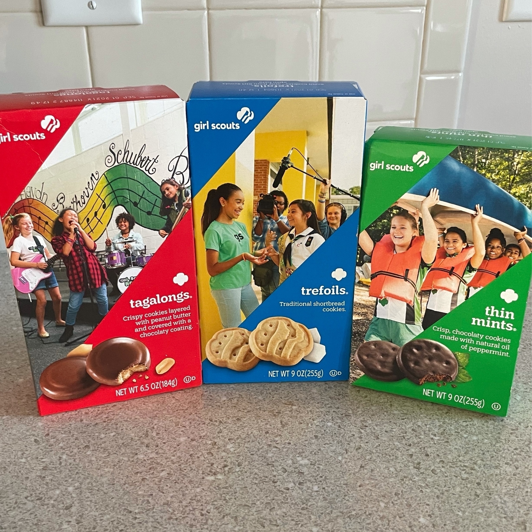 Three boxes of Girl Scout cookies