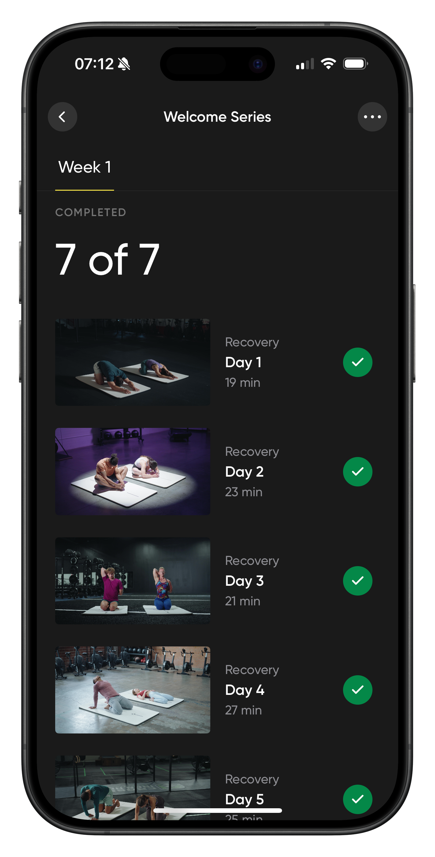 iPhone screen with stretching workout thumbnails