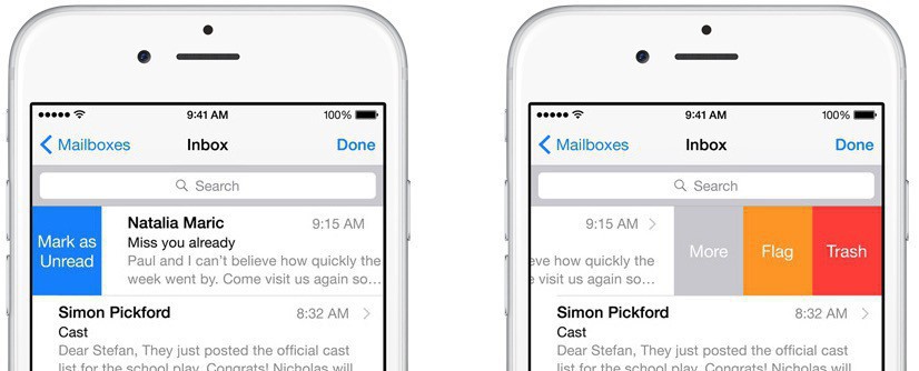 Screen capture of swipe-right and swipe-left buttons in list view of Mail on iOS.
