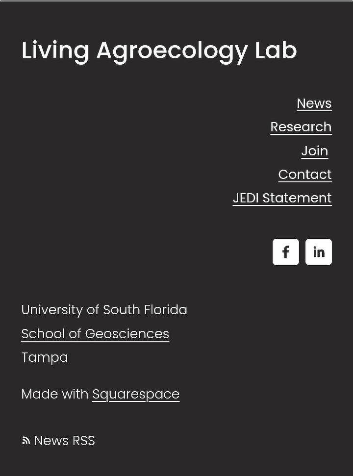 Screenshot of live version of footer. Mobile version. From top to bottom is the website title, sitemap, social media links, address, and RSS feed.