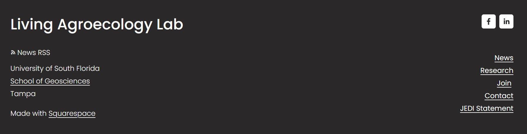 Screenshot of the live version of the footer. Differing from the wireframe, it has a button for an RSS feed from the News page on the left column below the title. 