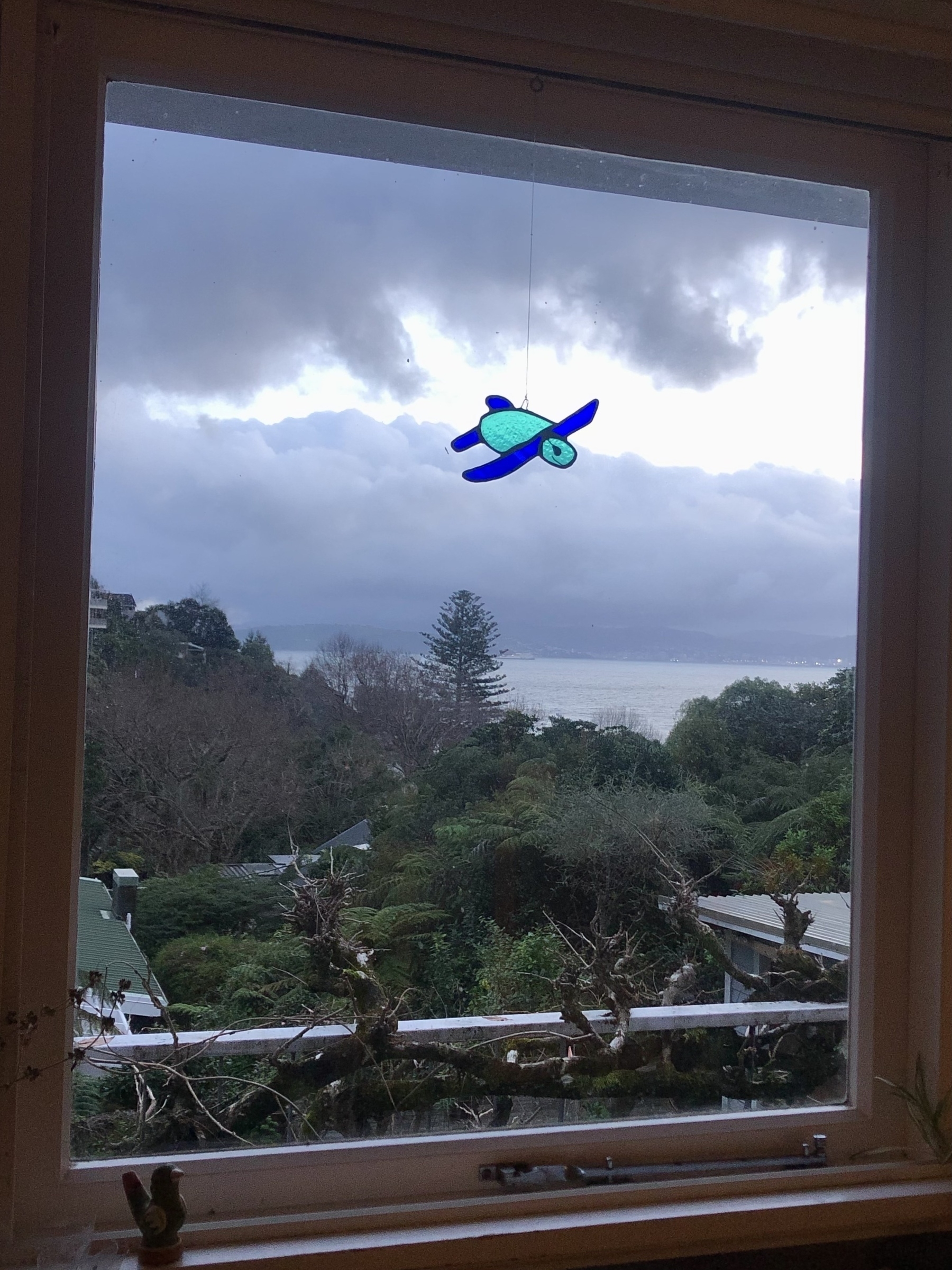 A view through a window frame of the Wellington harbour 