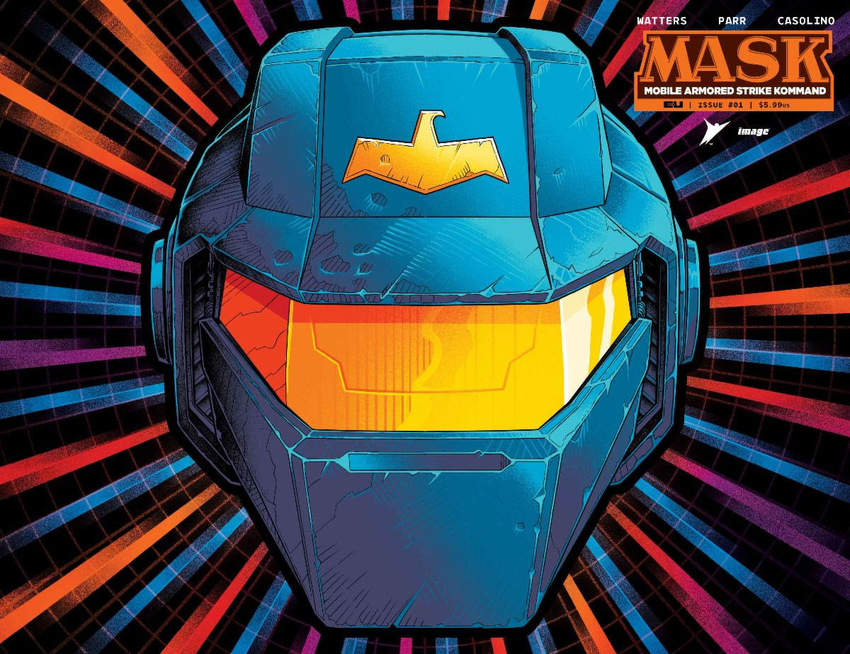 A futuristic blue helmet with an orange visor is depicted against a dynamic, colorful striped background, associated with the acronym M.A.S.K.