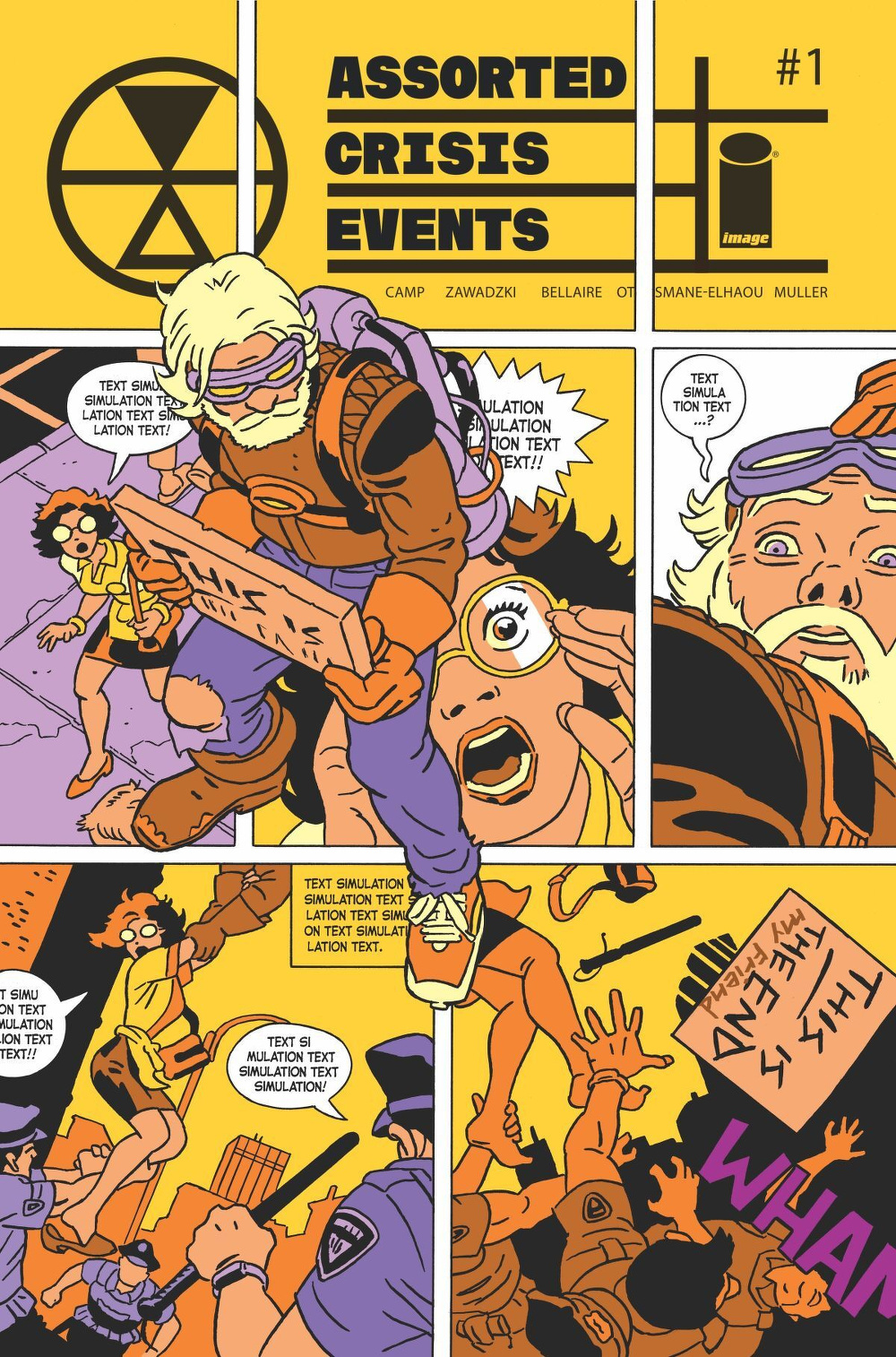 A comic cover features a stylized, chaotic scene with various characters amidst bold graphic elements and placeholder text, presenting a theme of crisis events.