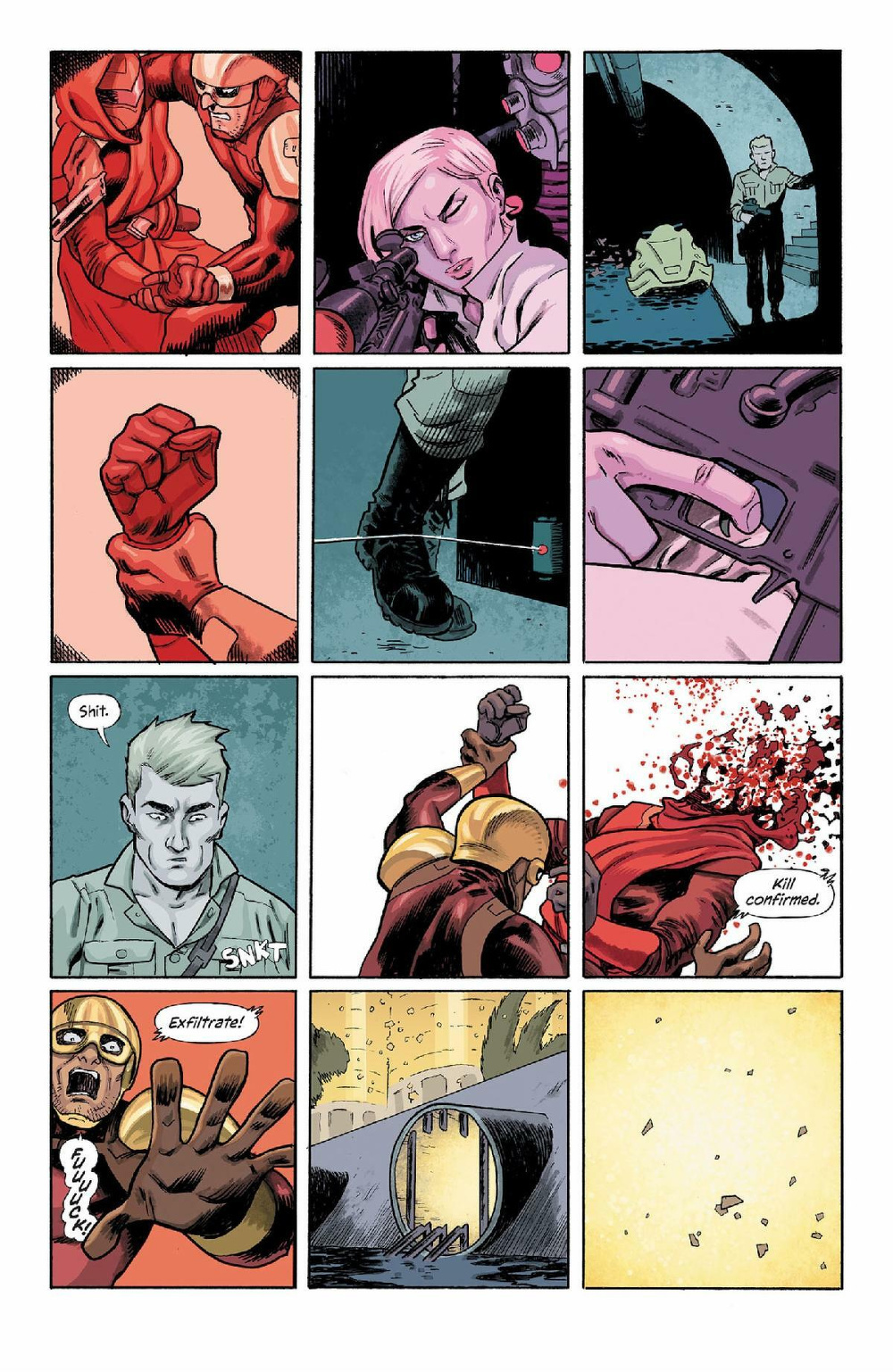 A series of comic panels depicts intense action scenes, featuring characters in combat, a weapon being loaded, a dramatic explosion, and expressions of shock and determination.