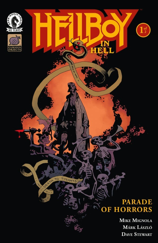Auto-generated description: Hellboy stands atop a pile of skeletons and dark figures beneath a menacing serpent, with the title Hellboy in Hell and the subtitle Parade of Horrors prominently displayed.