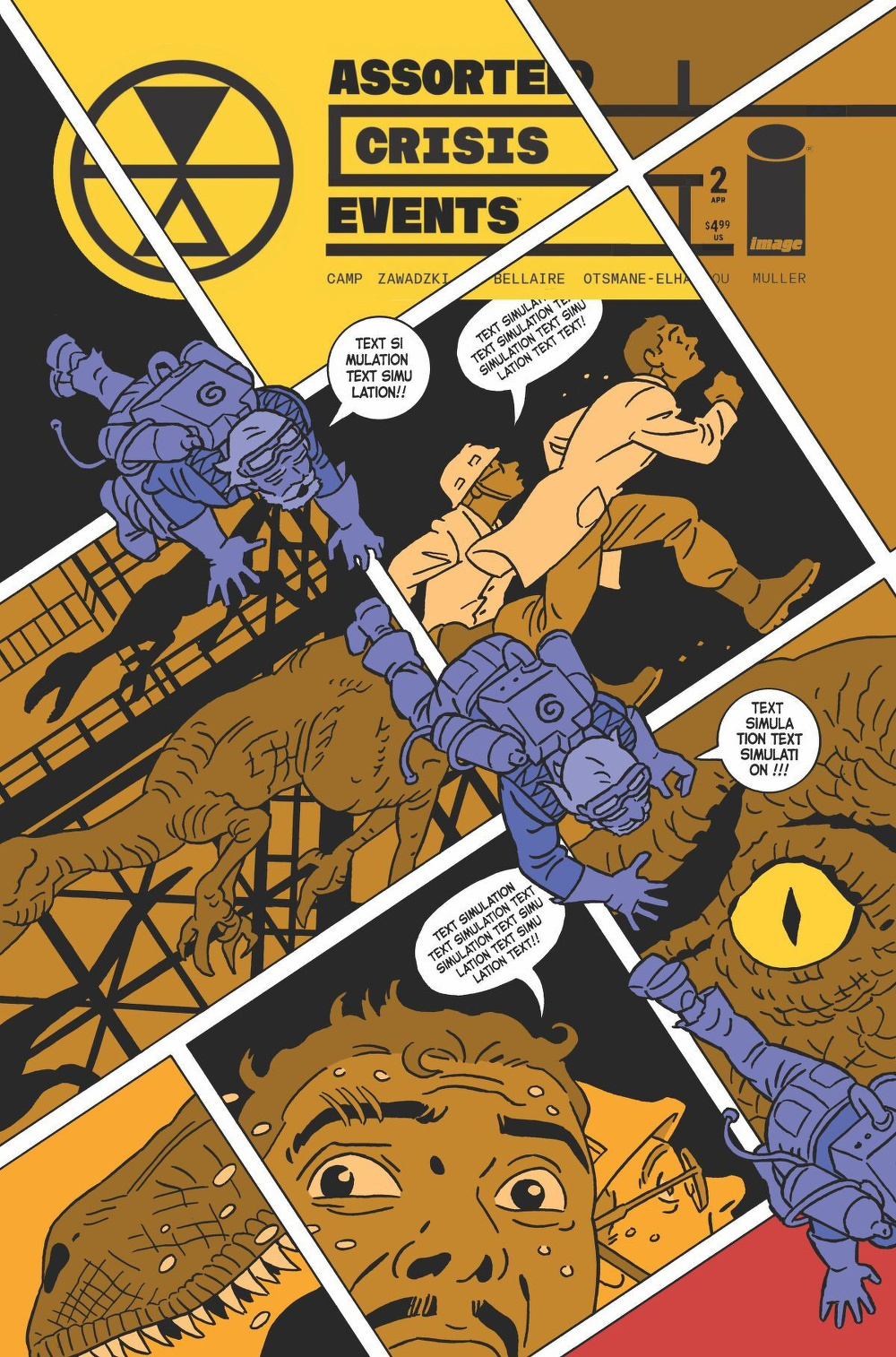 A comic-style collage features astronauts, a dinosaur, and characters engaged in dialogue about translation and communication amidst a backdrop of geometric designs.