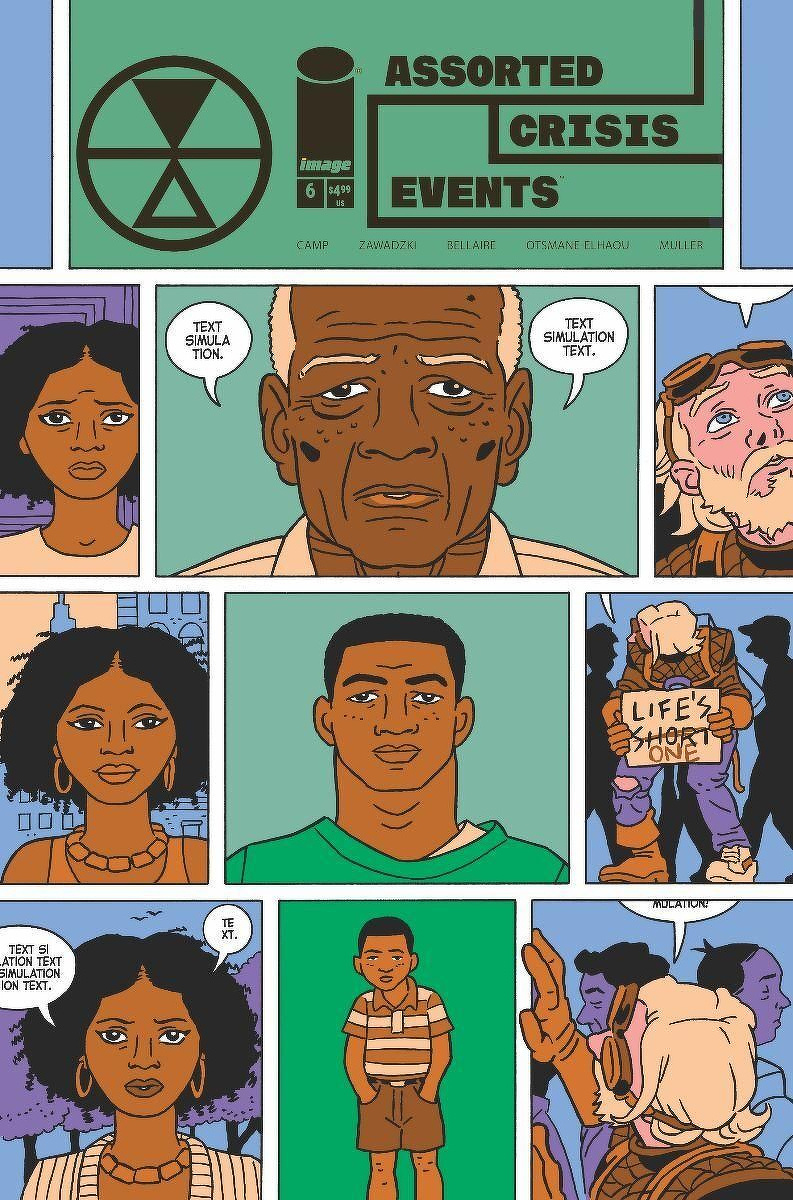 A comic book cover features various characters with different expressions and includes elements like a nuclear symbol and phrases such as TEXT SITUATION and MOTIVATION.