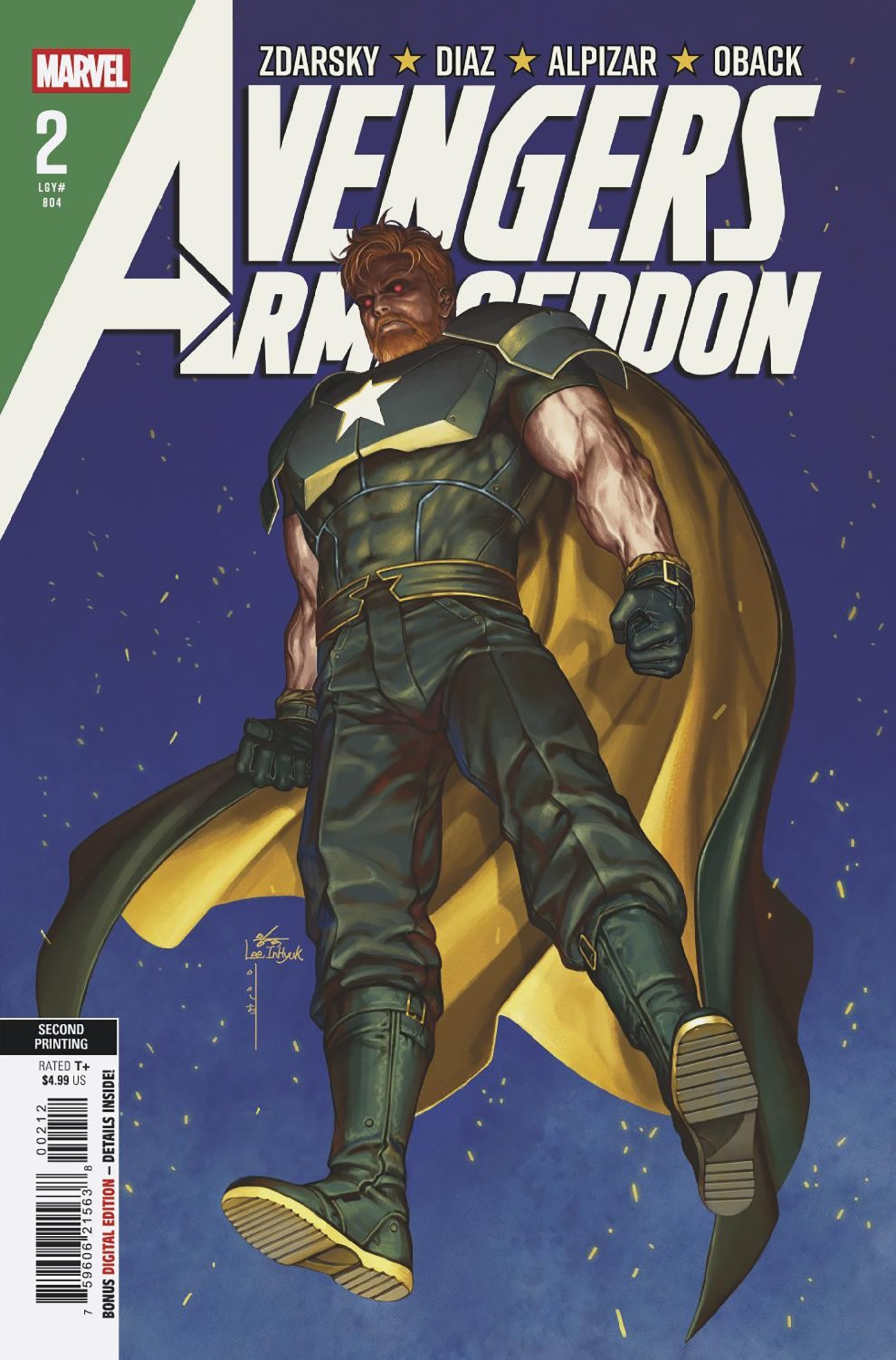 Auto-generated description: A muscular superhero wearing a dark green and yellow costume with a star emblem and a flowing cape is depicted in a powerful pose against a blue background on the cover of Avengers Armageddon issue number 2.