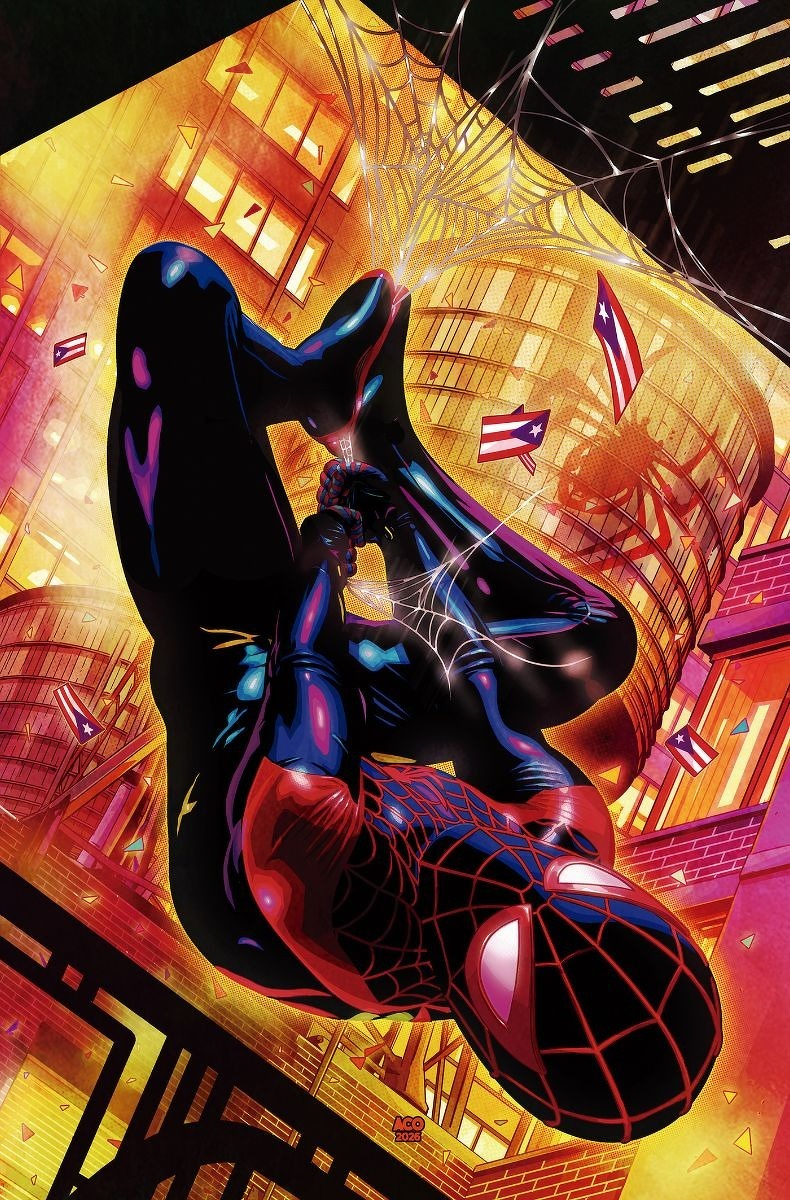 Auto-generated description: A superhero in a black and red spider-themed suit is swinging upside down through a cityscape illuminated by a warm glow, with Puerto Rican flags visible in the background.