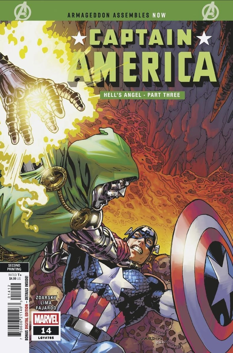 Auto-generated description: Doctor Doom is grabbing Captain America by the collar in a volcanic or fiery setting on the cover of a Captain America comic titled Hell's Angel - Part Three.