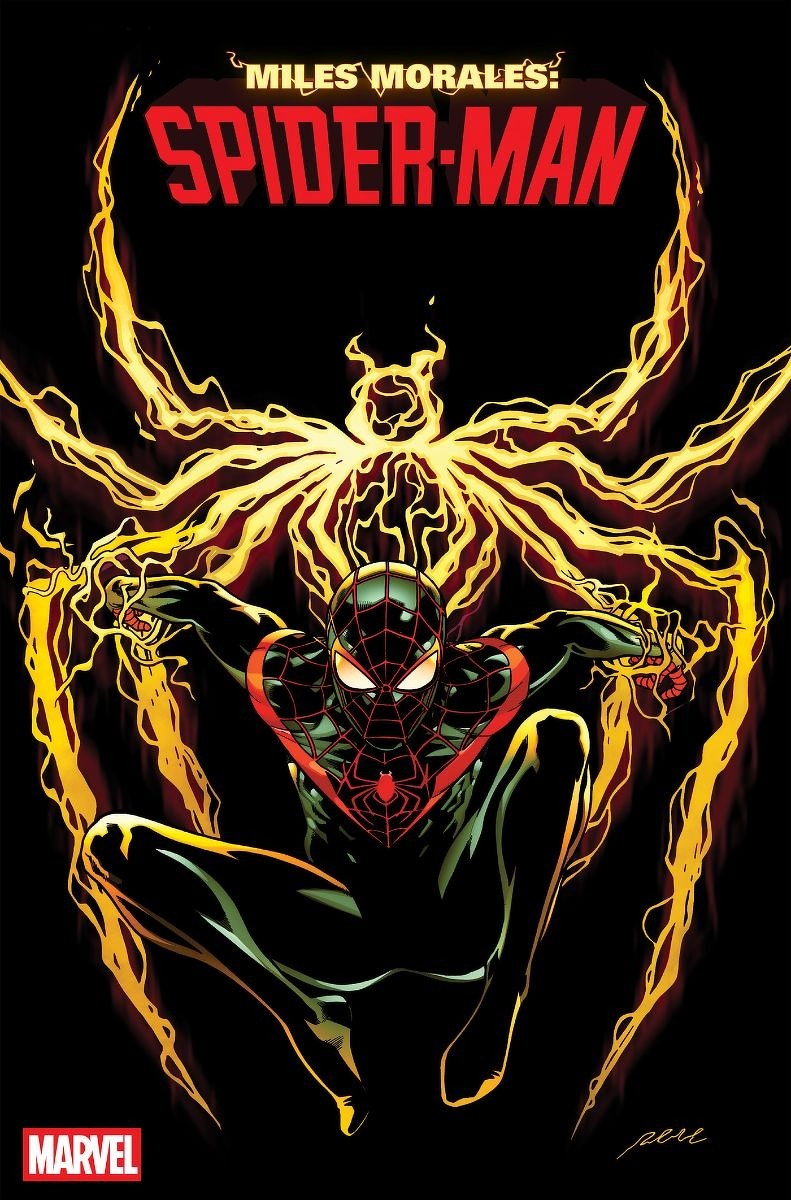 Auto-generated description: Miles Morales as Spider-Man is shown in a dynamic crouching pose with glowing yellow spider-like energy emanating from behind him.
