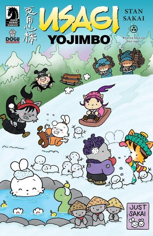 Auto-generated description: Several cartoon animals dressed in winter clothing are playing and sledding in a snowy landscape surrounded by trees.