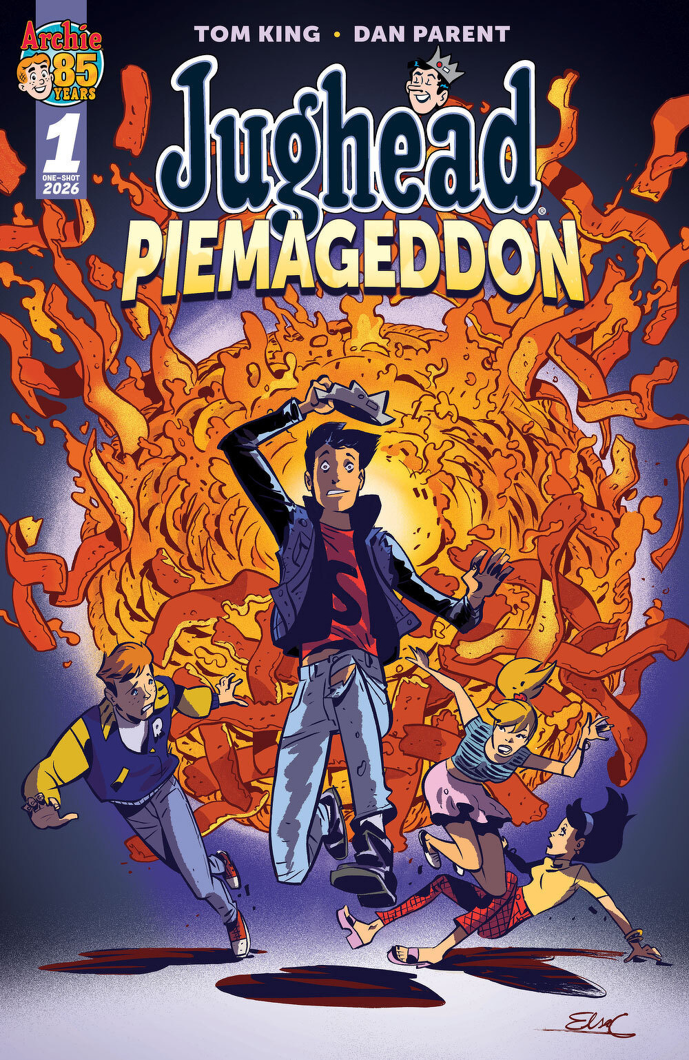 Jughead and his friends are running from a giant explosion of pies in a vibrant comic book cover.