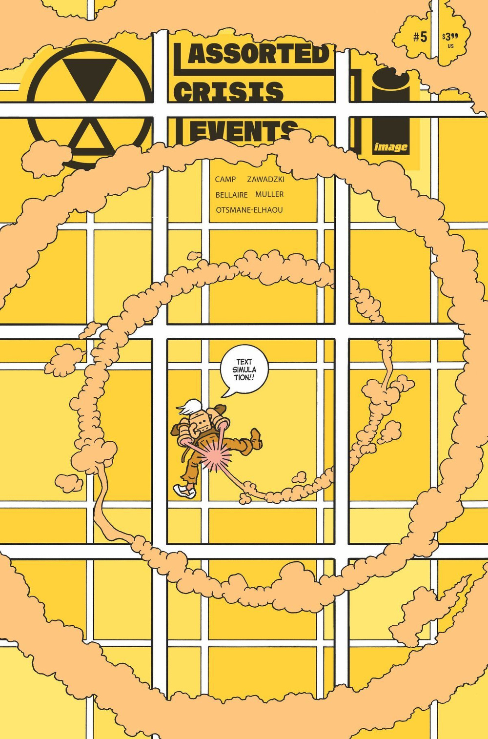 A cartoon character runs through an explosive cloud on a bright yellow map background, framed by comic book elements and text bubbles.