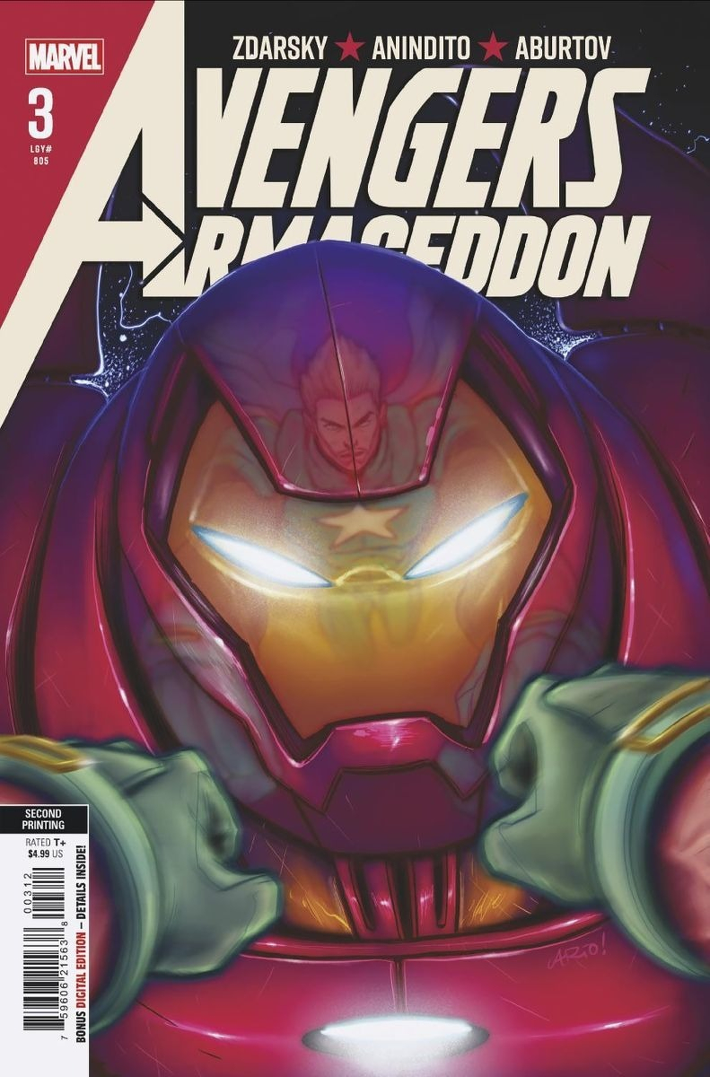 Auto-generated description: Iron Man's helmet is prominently featured with a reflection of Captain America visible on its surface on the cover of Avengers Armageddon #3.