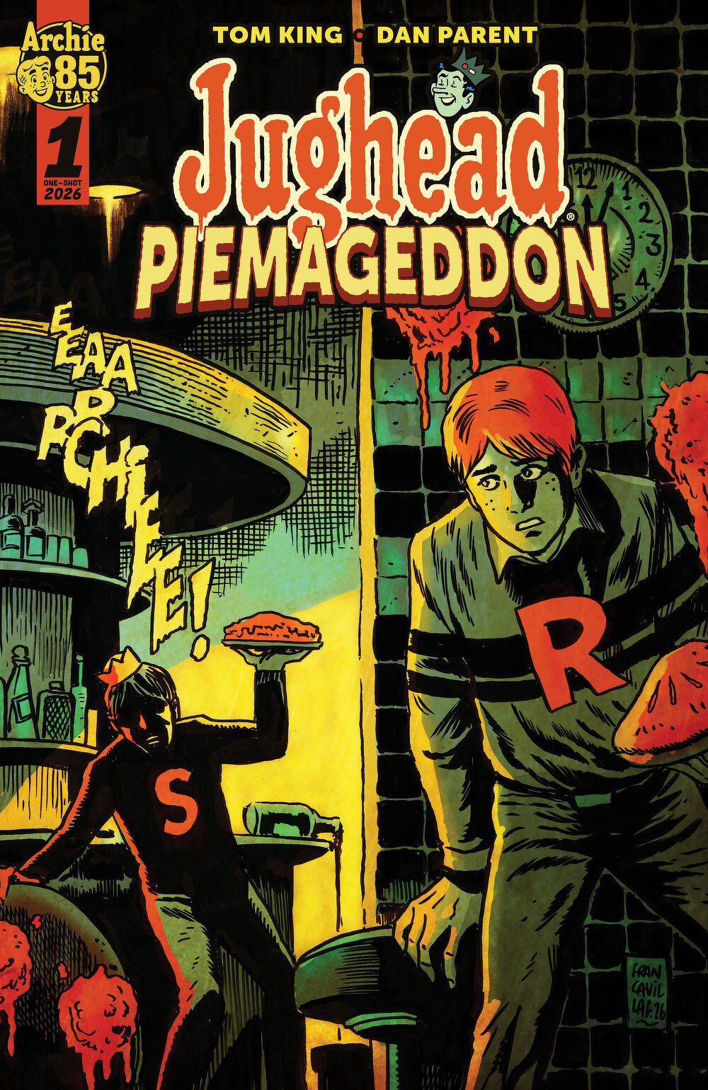Jughead, covered in pie, stands in a dimly lit diner near another character with an S on their shirt, with the title Jughead: Piemageddon displayed prominently.