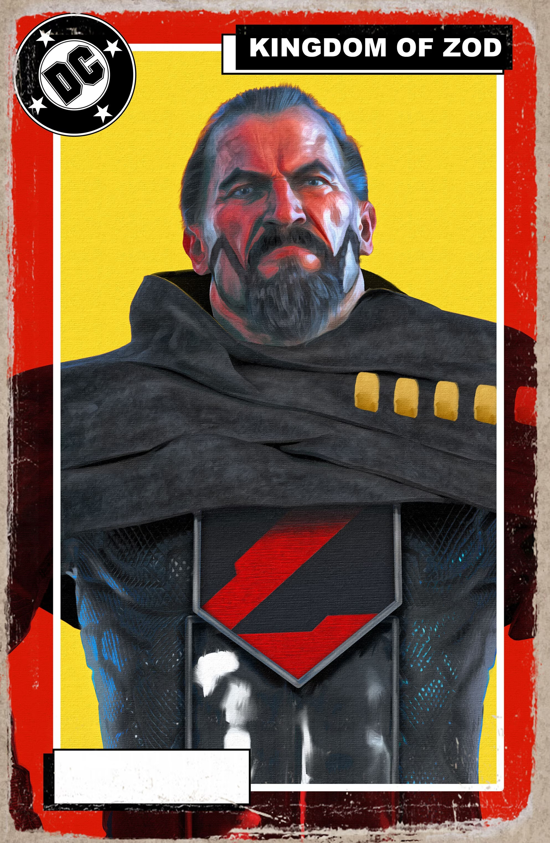 Auto-generated description: A character in a dark armored suit and cape stands against a bright yellow background, featuring bold elements and a distinctive red and black emblem.