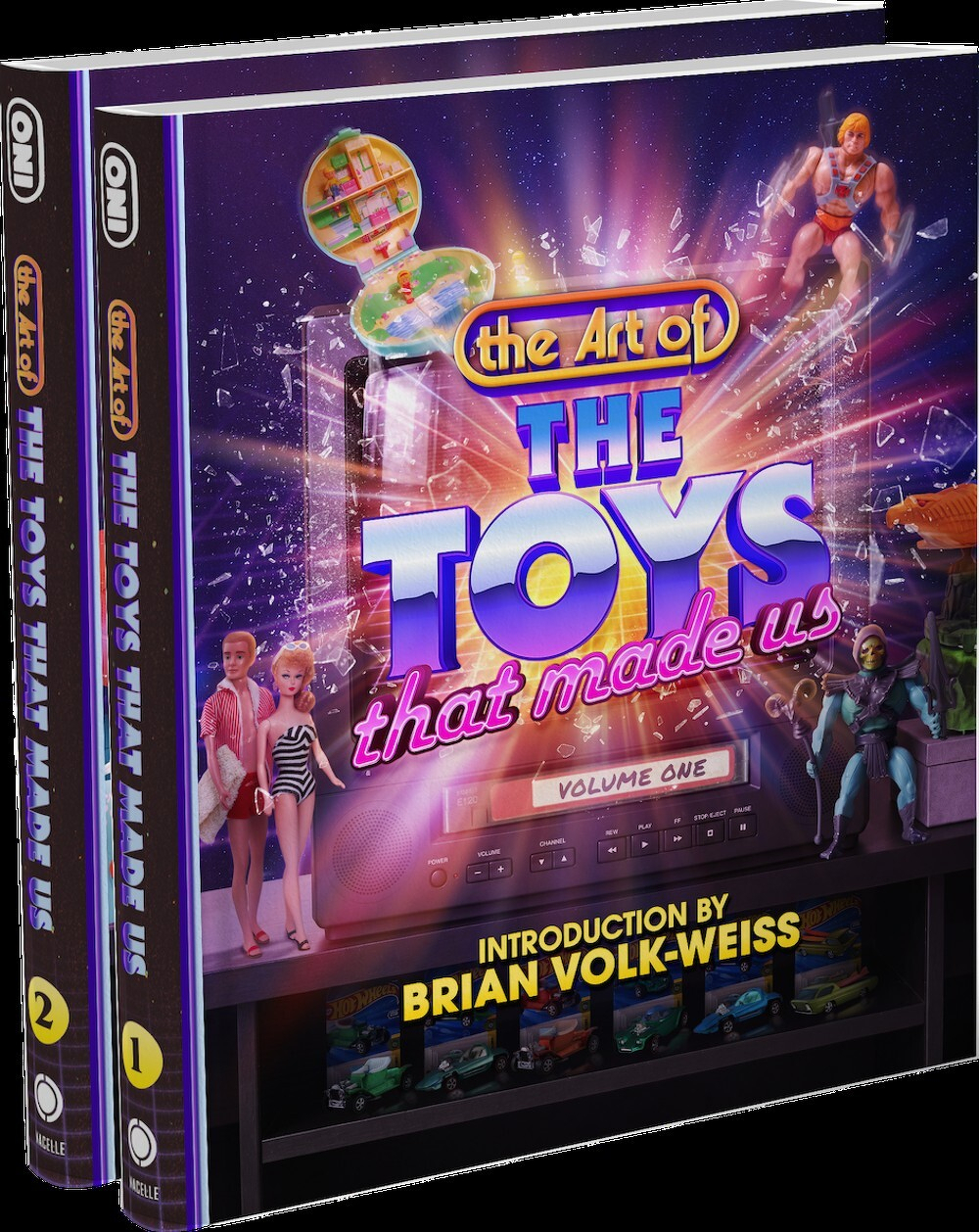 Auto-generated description: Two volumes of a book series titled the Art of THE TOYS that made us with an introduction by Brian Volk-Weiss are shown, featuring colorful and nostalgic toy-themed cover art.