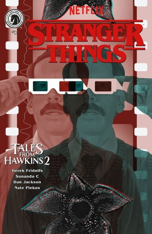 Auto-generated description: A stylized poster for Netflix's Stranger Things featuring a man wearing 3D glasses and a Demogorgon at the bottom, with text indicating Tales from Hawkins 2 and the names of creators.