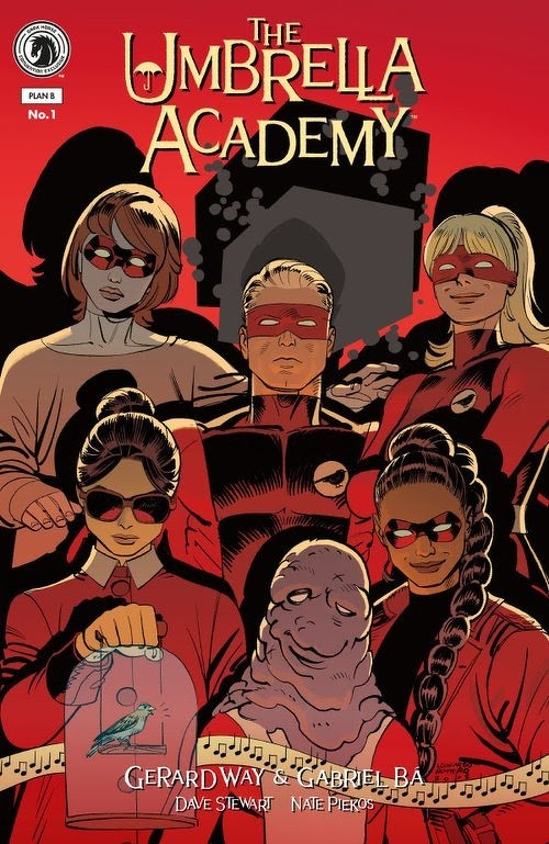 Auto-generated description: A group of six masked superheroes from The Umbrella Academy pose together against a red backdrop with the title prominently displayed above them.