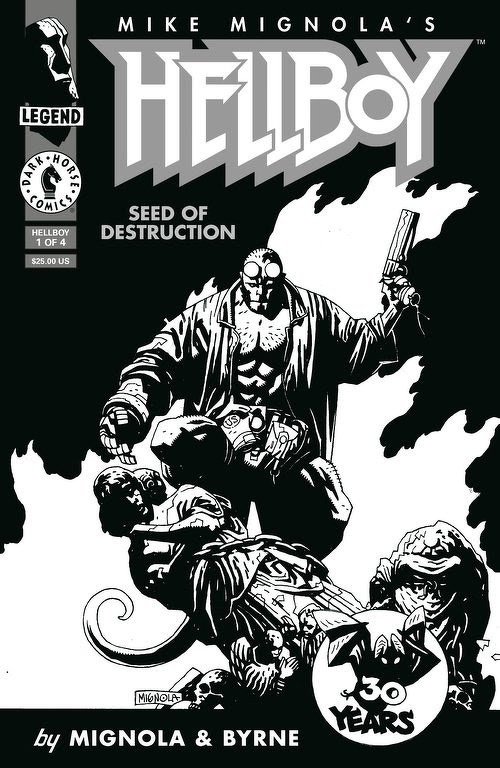 Auto-generated description: A bold, black-and-white comic book cover features Hellboy standing with a gun, surrounded by mystical elements, celebrating 30 years of the character's legacy.