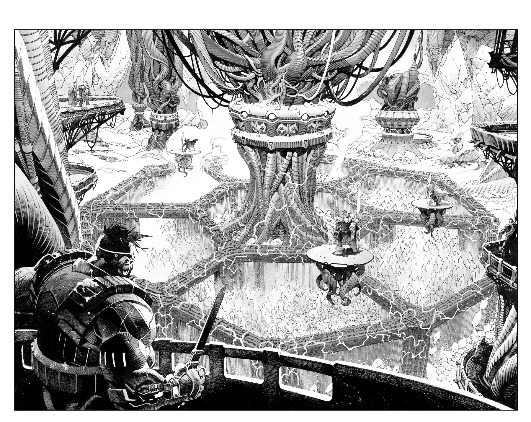 Auto-generated description: A futuristic warrior overlooking a vast, mechanical cavern network with large interconnected platforms and intricate electrical currents.