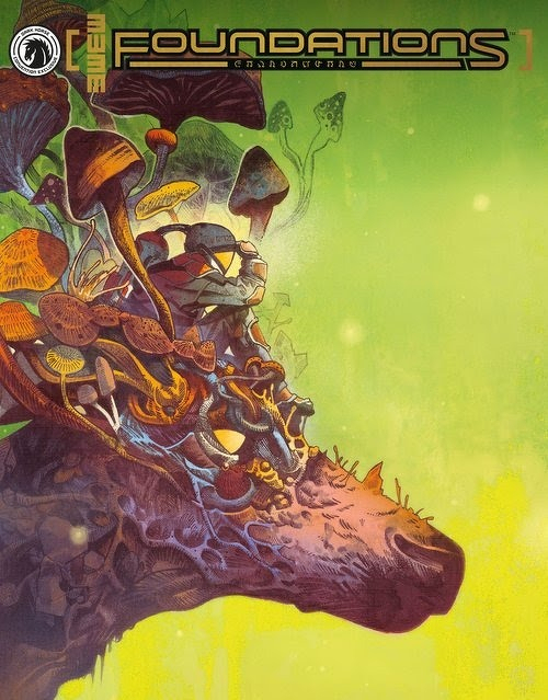 Auto-generated description: A surreal illustration of a large animal head, possibly a giraffe, intertwined with various mushrooms and fungi growing from its head against a green and yellow gradient background.