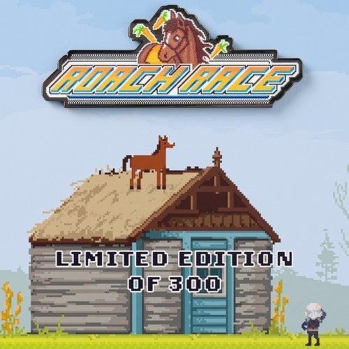 Auto-generated description: A pixel art scene features a small wooden cabin with a horse standing on the roof and a character standing nearby, accompanied by the text ROACH RACE and LIMITED EDITION OF 300.