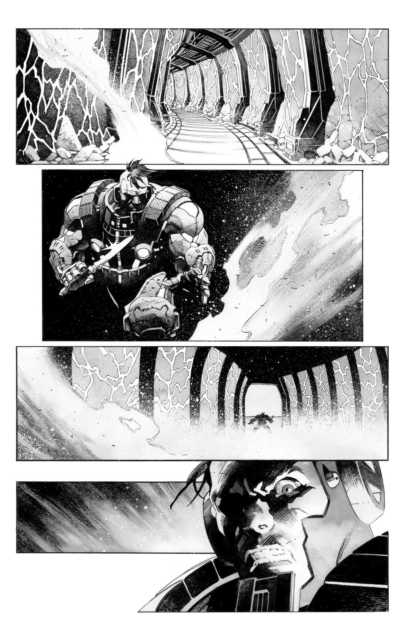 Auto-generated description: A powerful figure holding a weapon steps through a futuristic tunnel with intense determination and a dramatic explosion or energy burst occurring behind him.