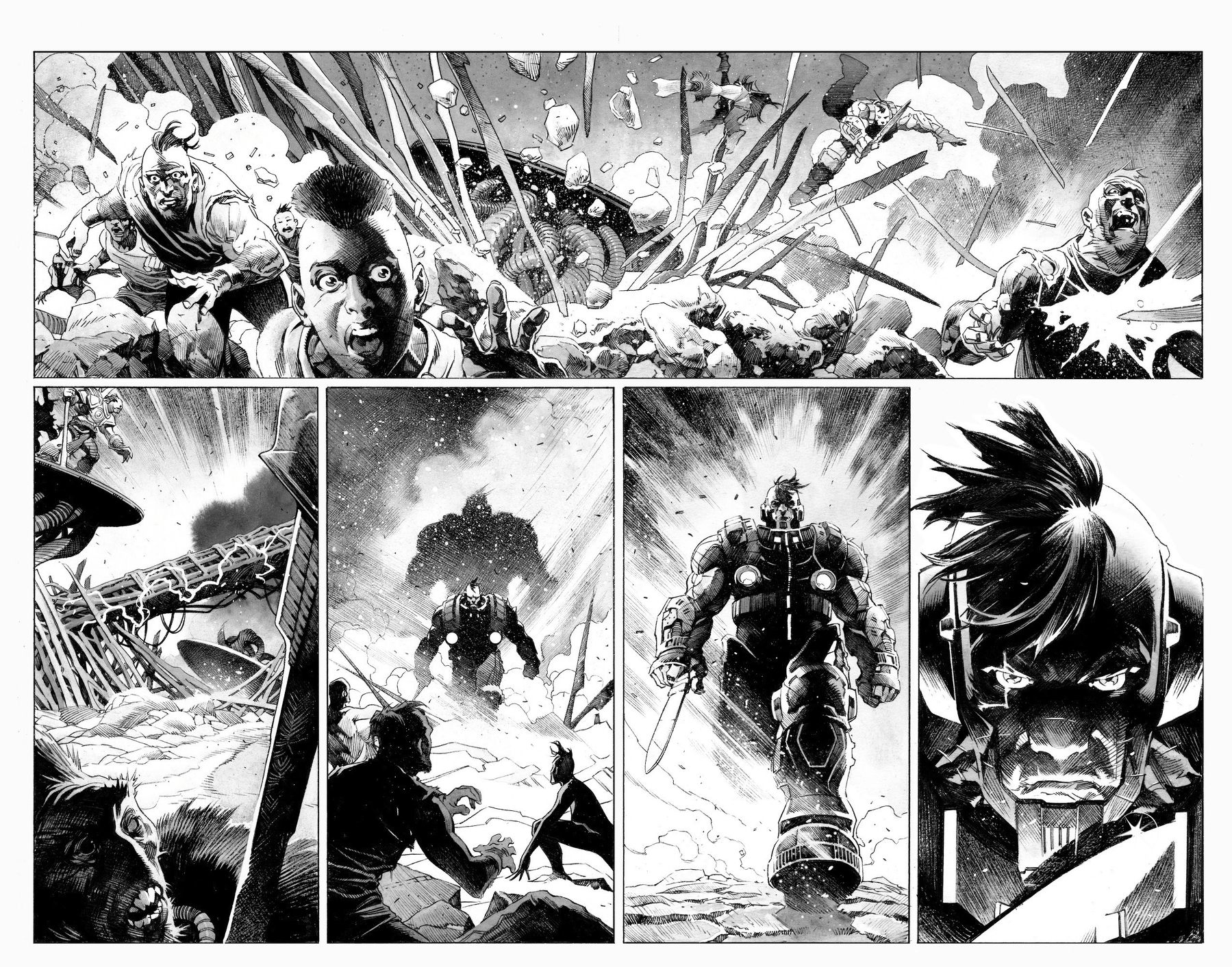 Auto-generated description: A dramatic battle scene unfolds as a powerful figure emerges amidst explosions and chaos, with intense expressions on the characters' faces.